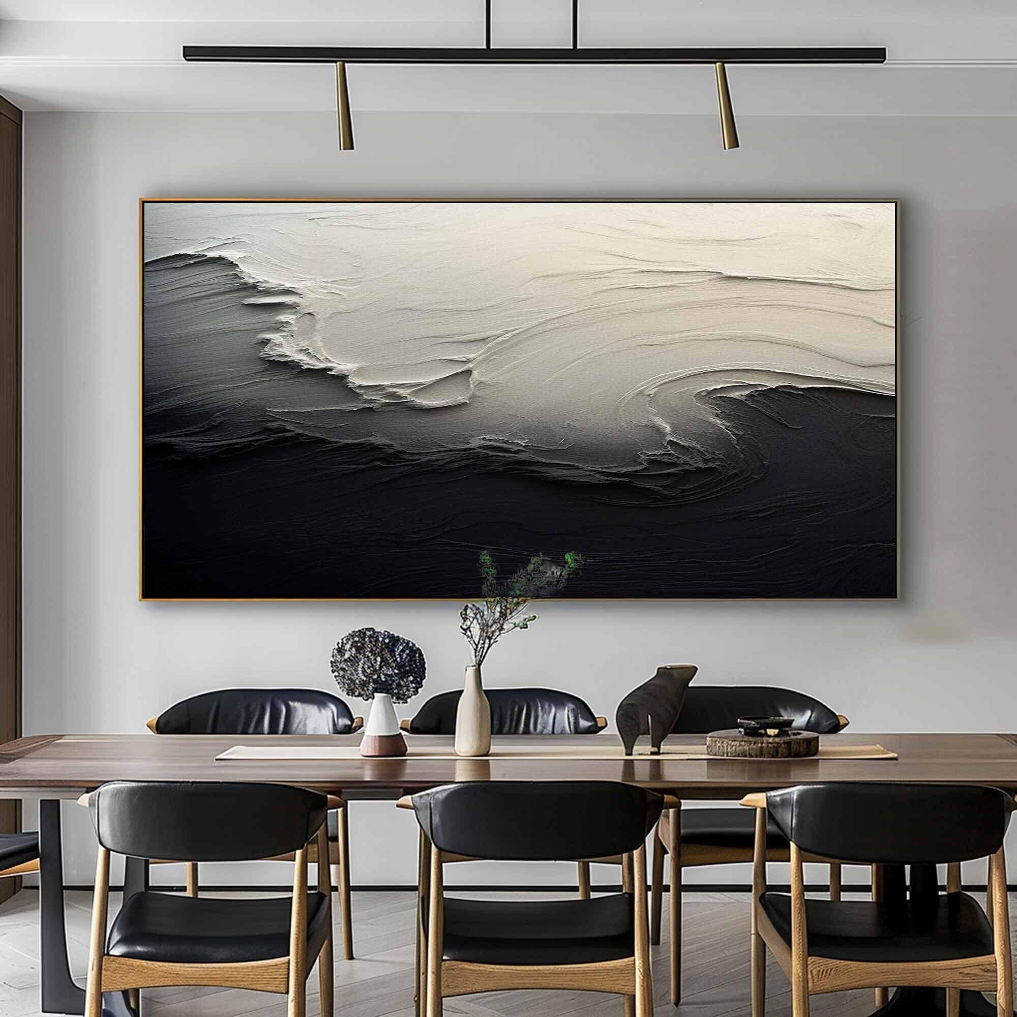 Textured White Form on Black Minimalist Abstract Wall Art #OP074