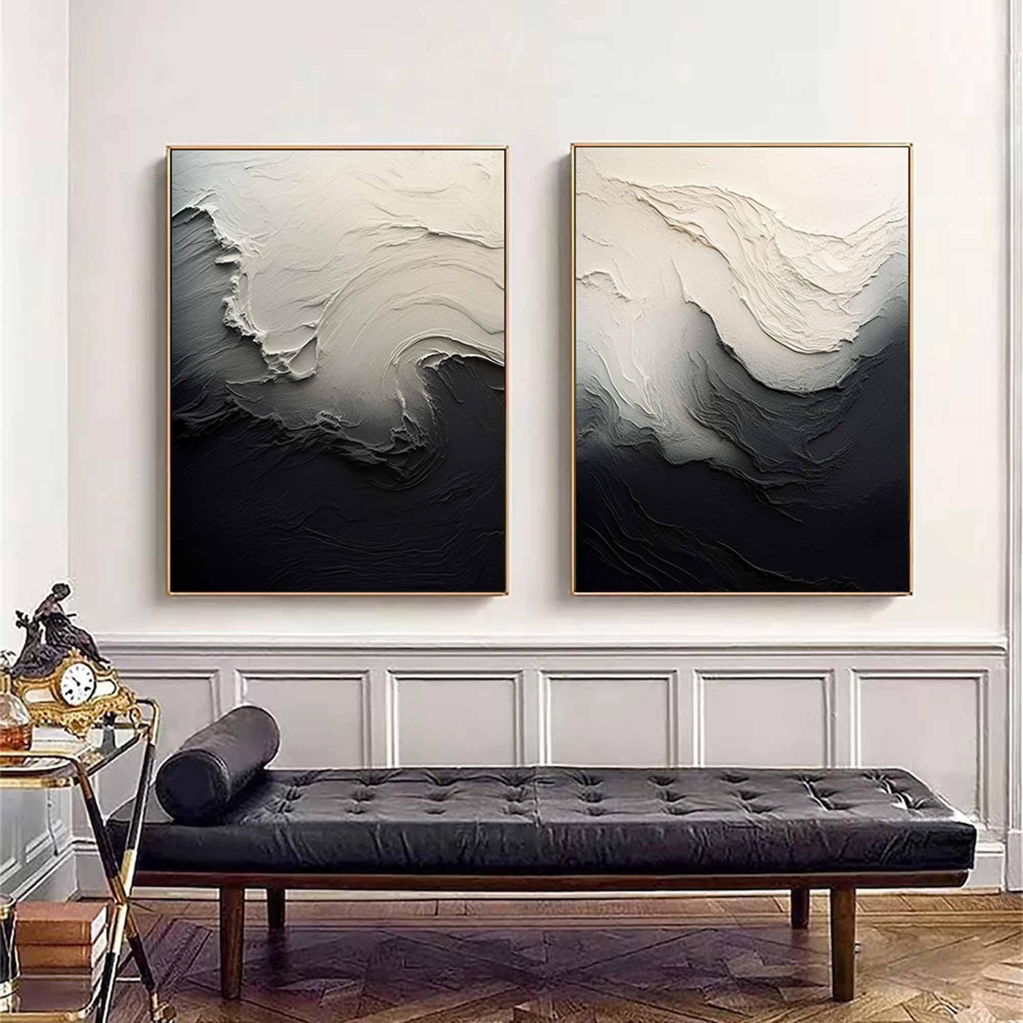 Textured White Forms on Black Diptych, Abstract Canvas #OP076