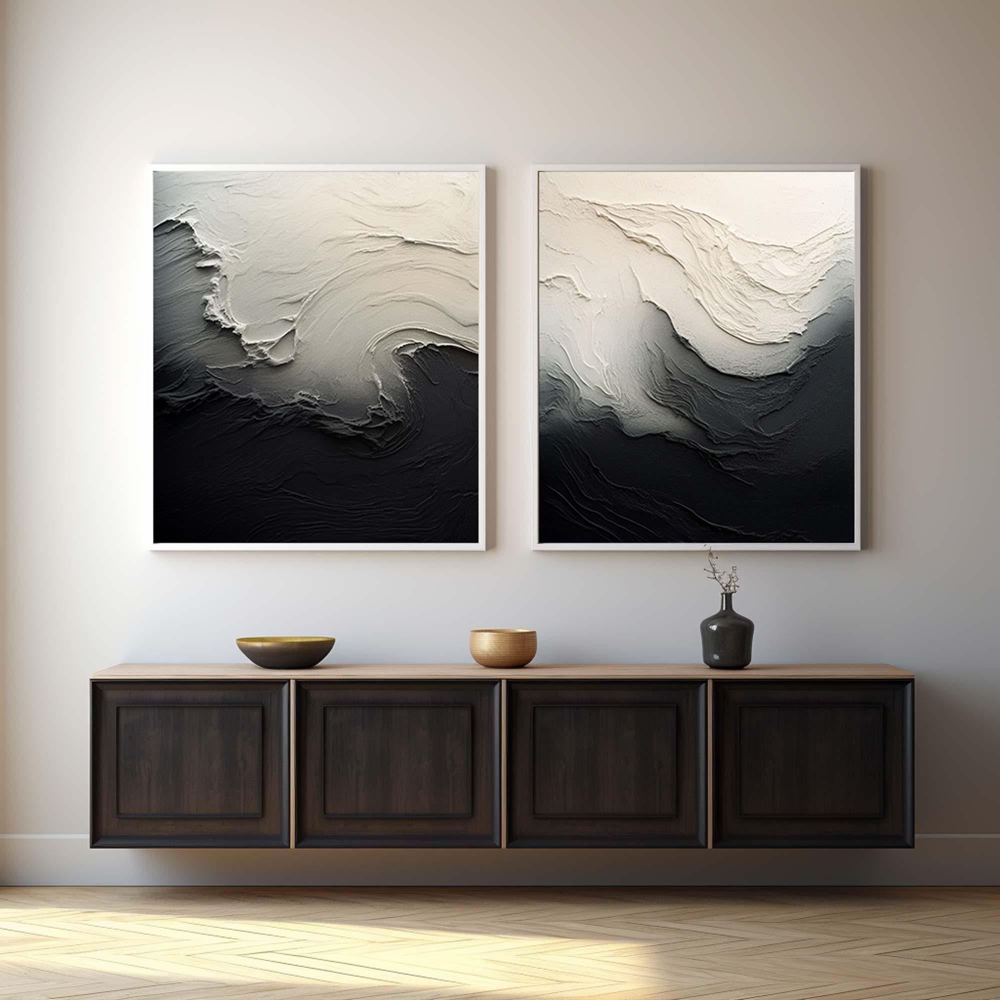 Textured White Forms on Black Diptych, Abstract Canvas #OP076