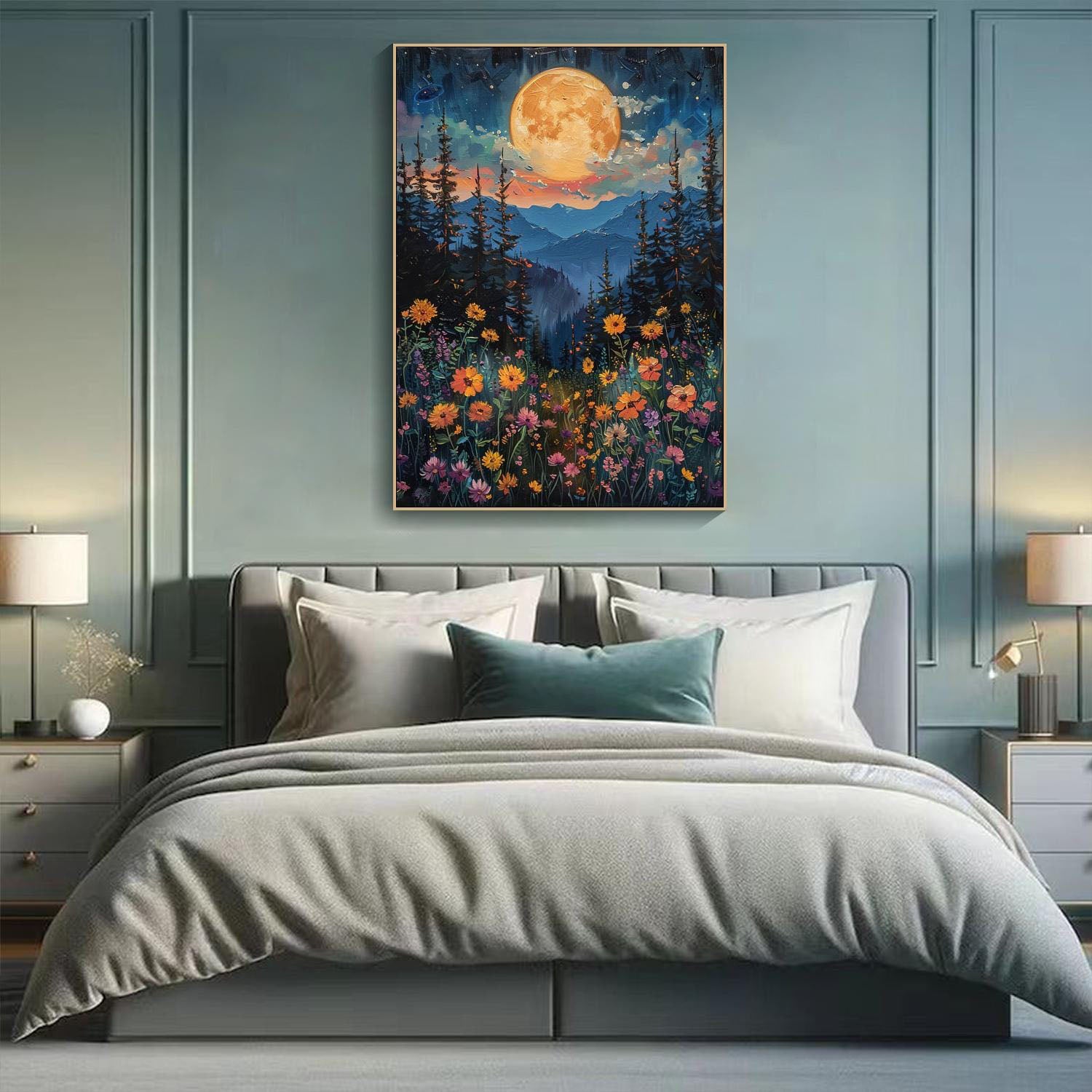 Tranquil Moonlit Meadow And Flower Field, Modern Wall Art #MM321