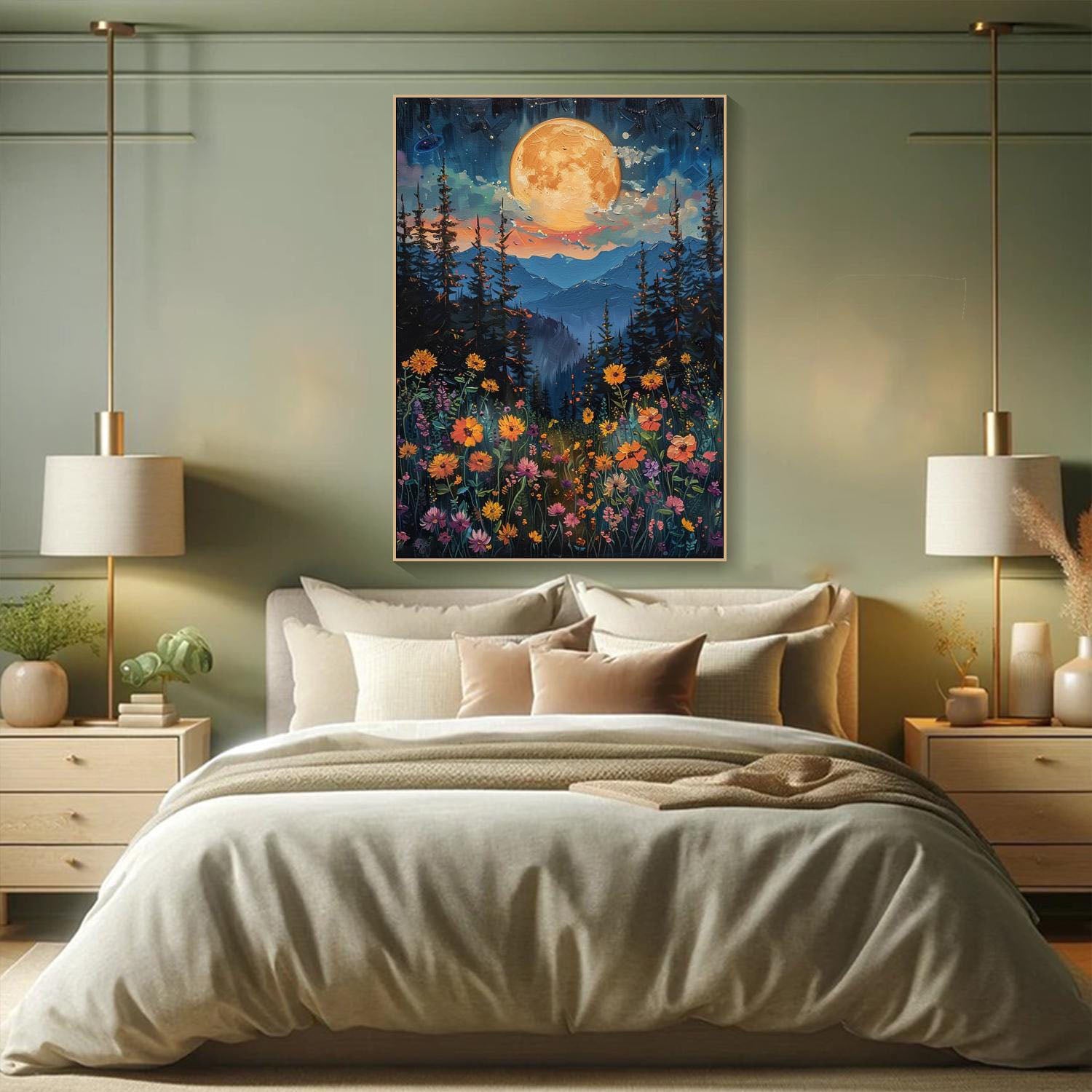 Tranquil Moonlit Meadow And Flower Field, Modern Wall Art #MM321