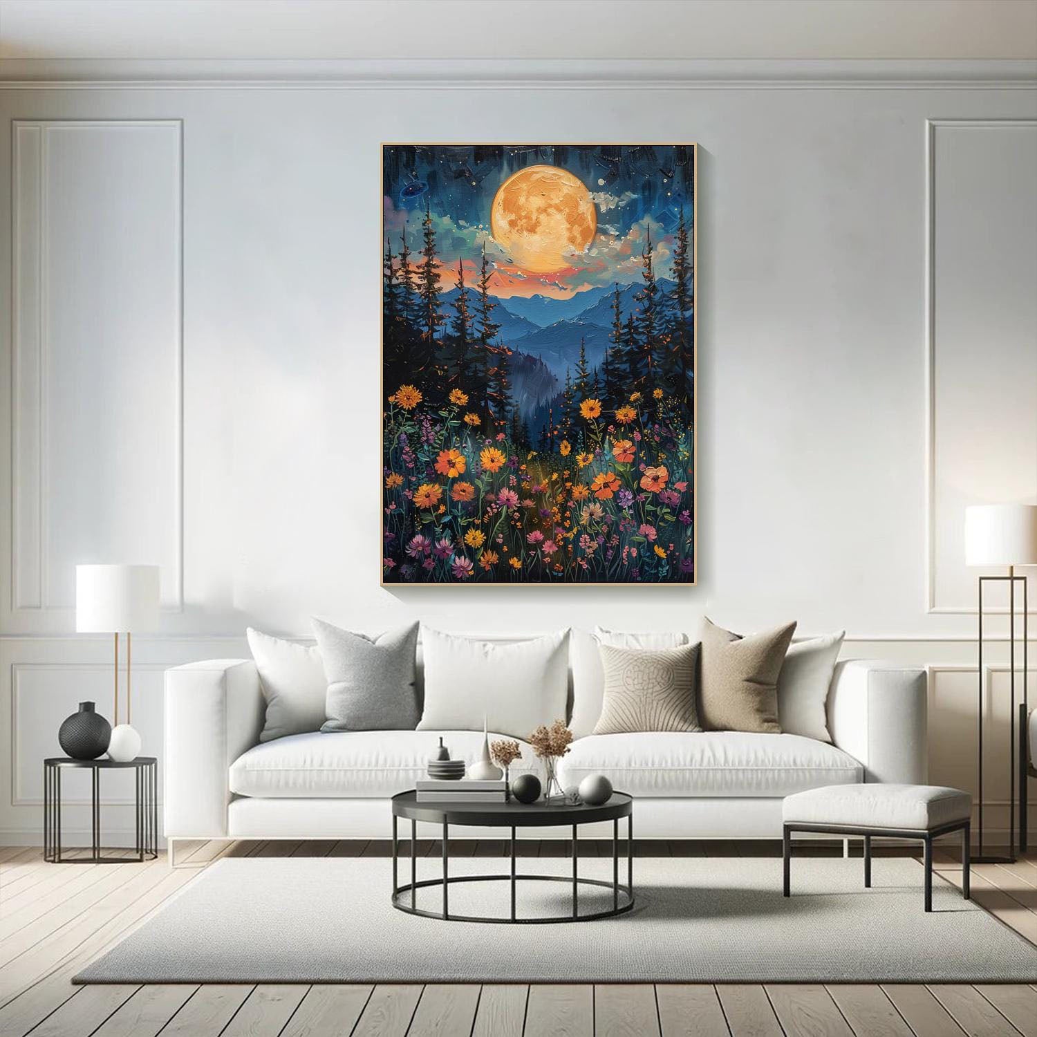 Tranquil Moonlit Meadow And Flower Field, Modern Wall Art #MM321