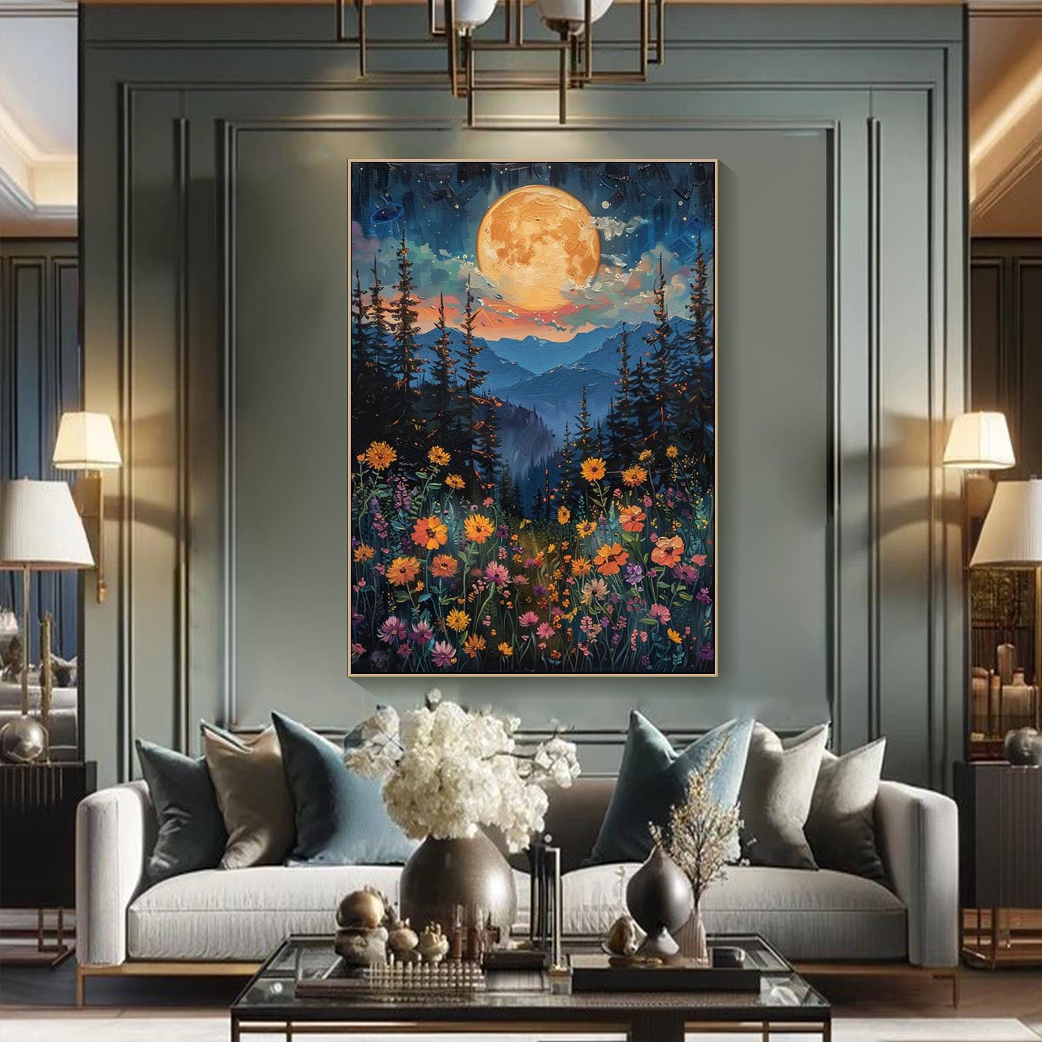 Tranquil Moonlit Meadow And Flower Field, Modern Wall Art #MM321