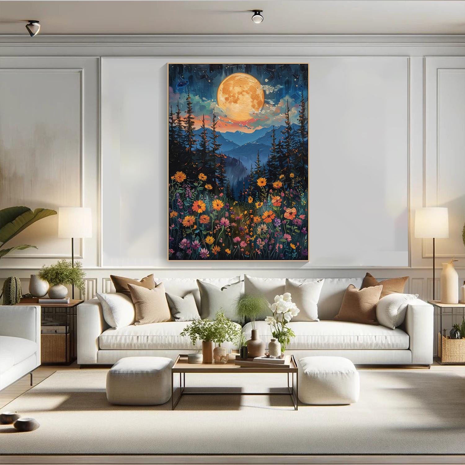 Tranquil Moonlit Meadow And Flower Field, Modern Wall Art #MM321