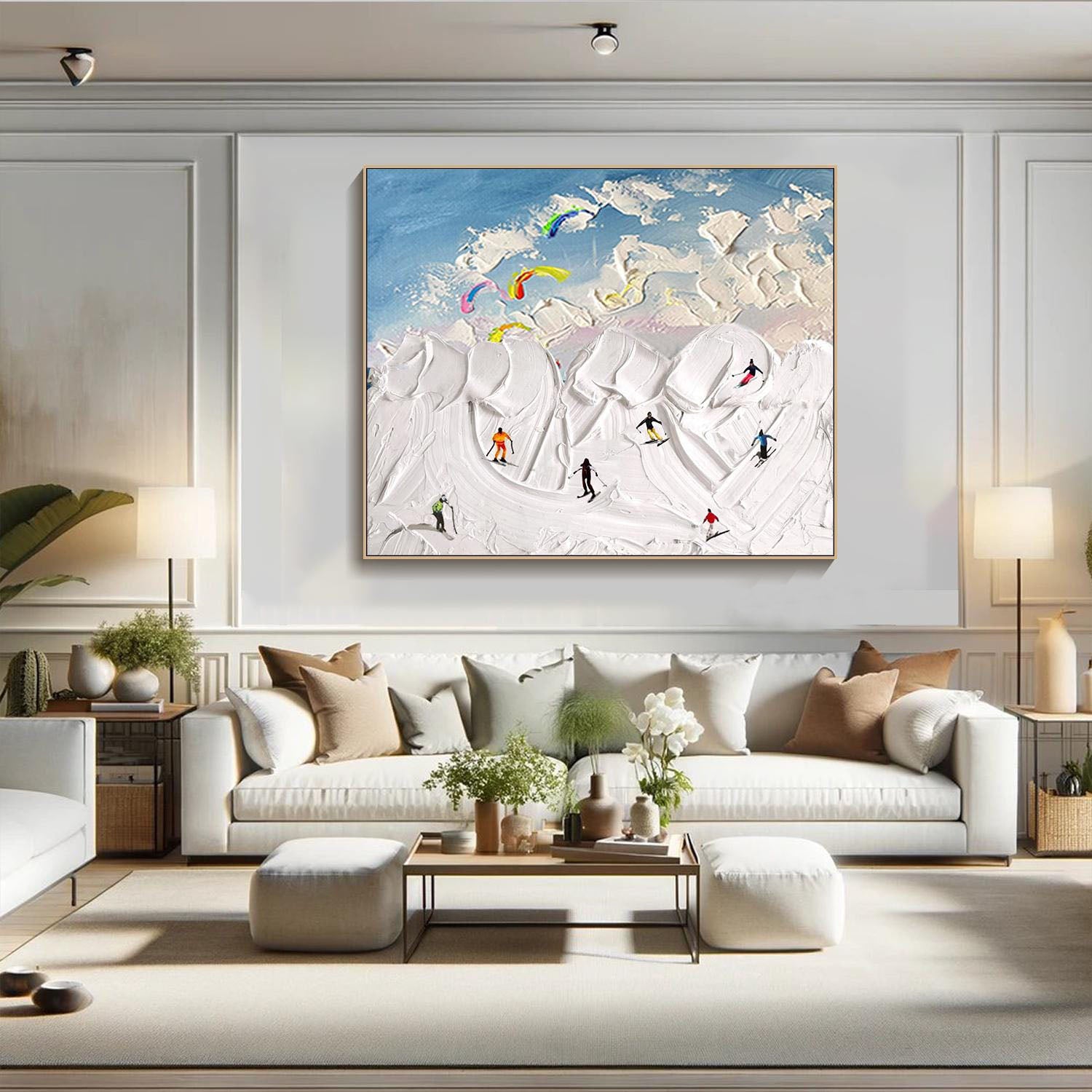 Textured Snowscape with Skiers, Abstract Wall Art #MM291