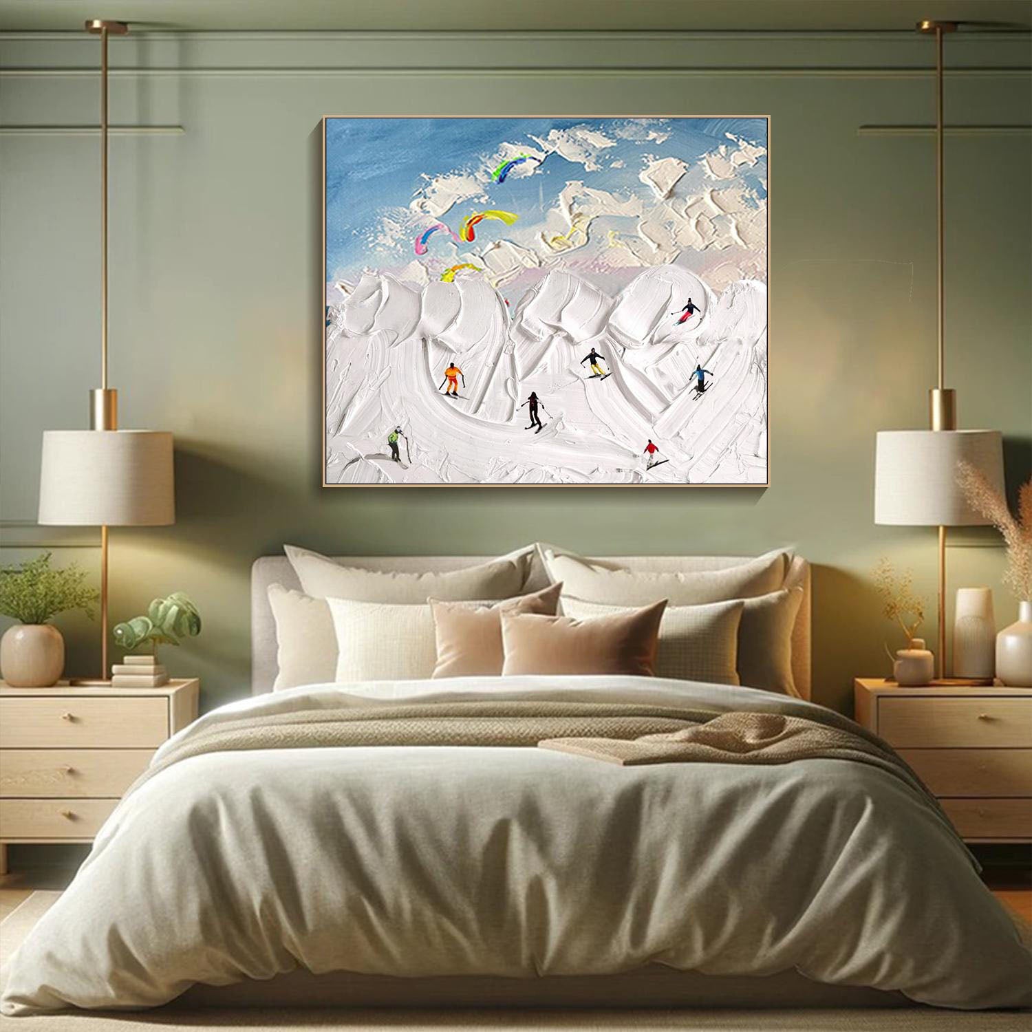 Textured Snowscape with Skiers, Abstract Wall Art #MM291