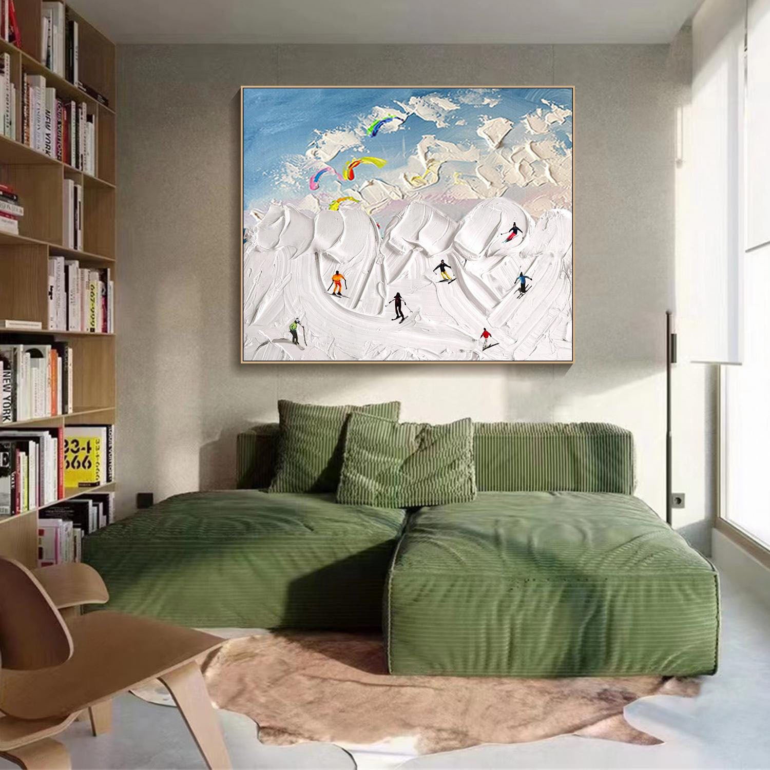 Textured Snowscape with Skiers, Abstract Wall Art #MM291