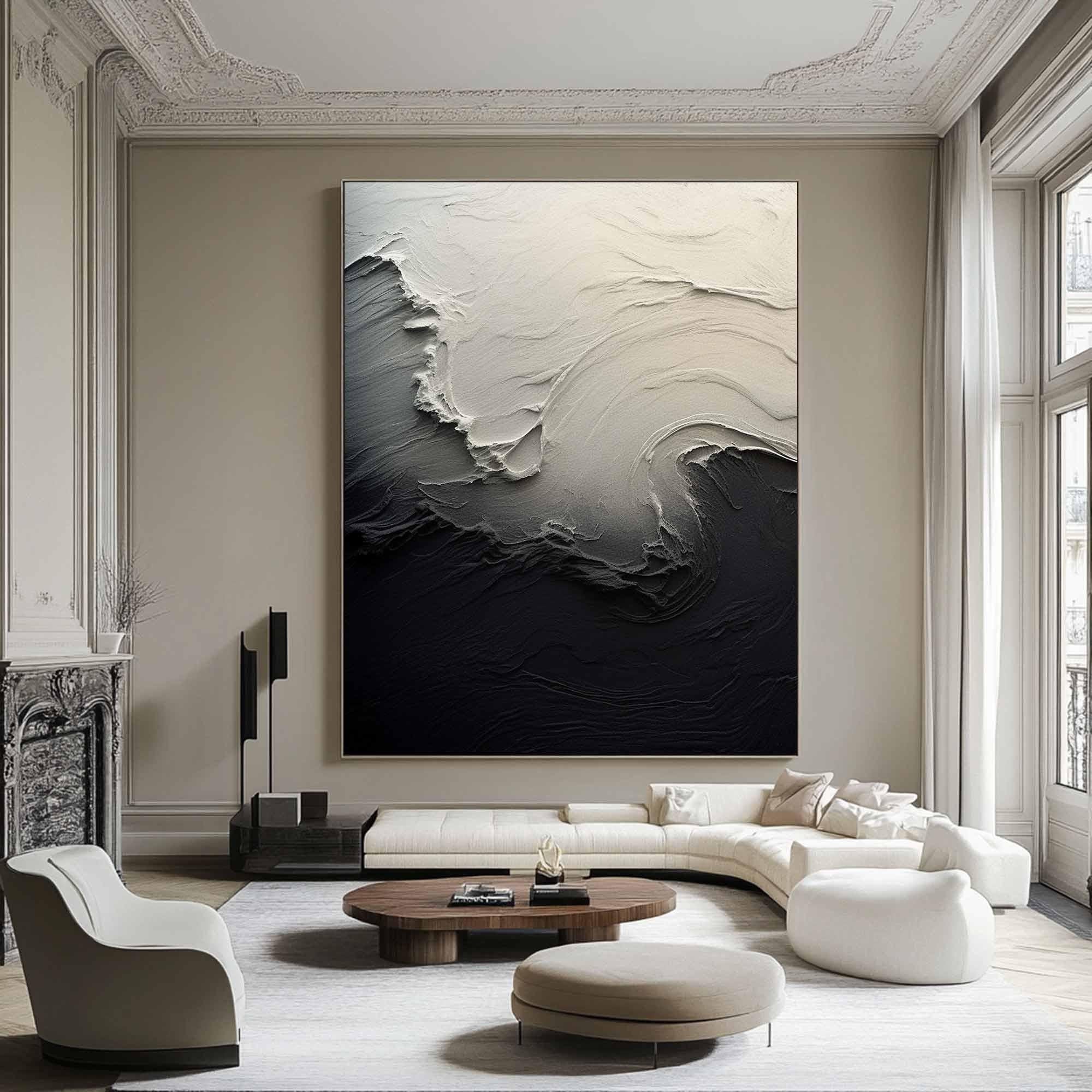 Textured White Form on Black Minimalist Abstract Wall Art #OP074