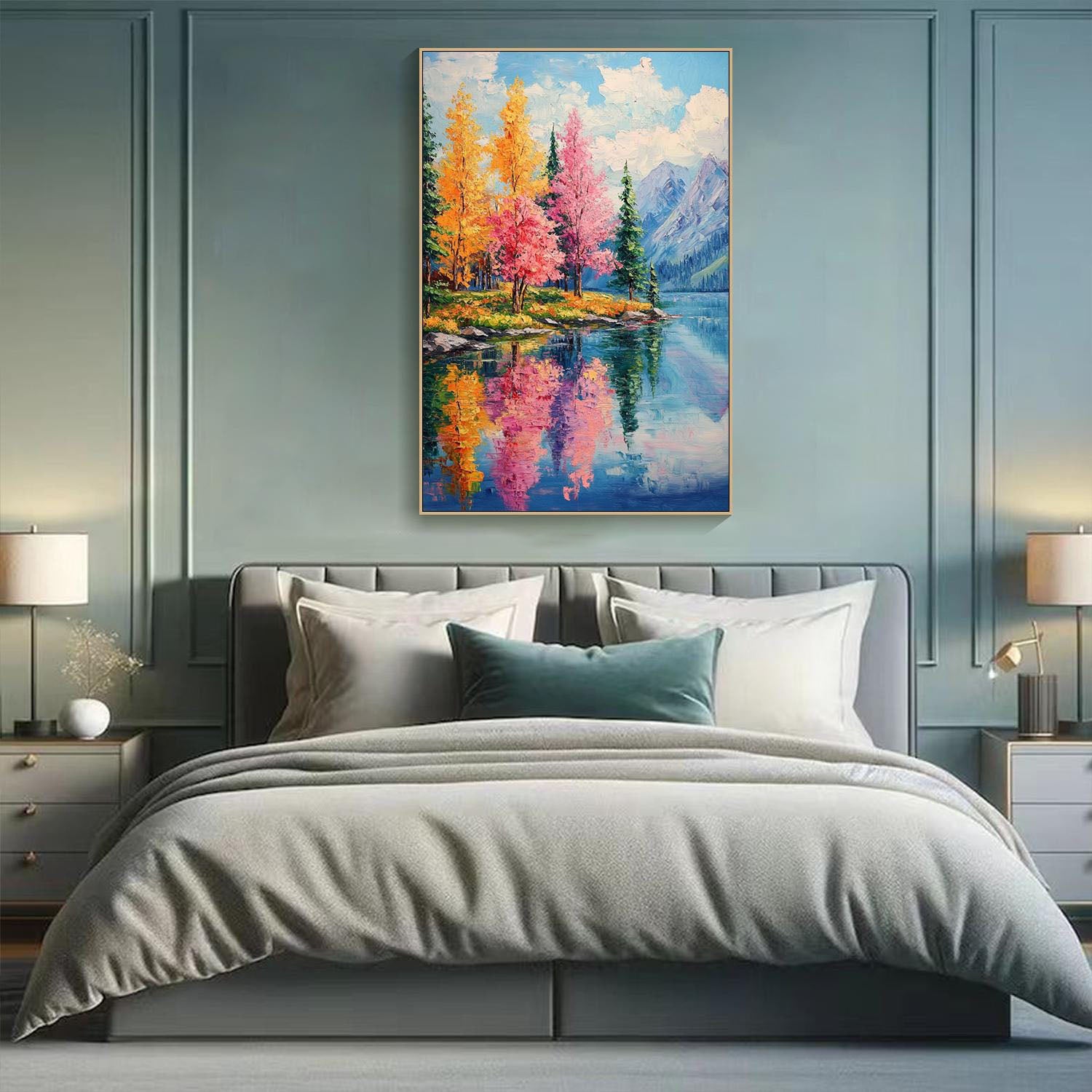 Mountain Lake Reflections, Colorful Contemporary Wall Art #MM328