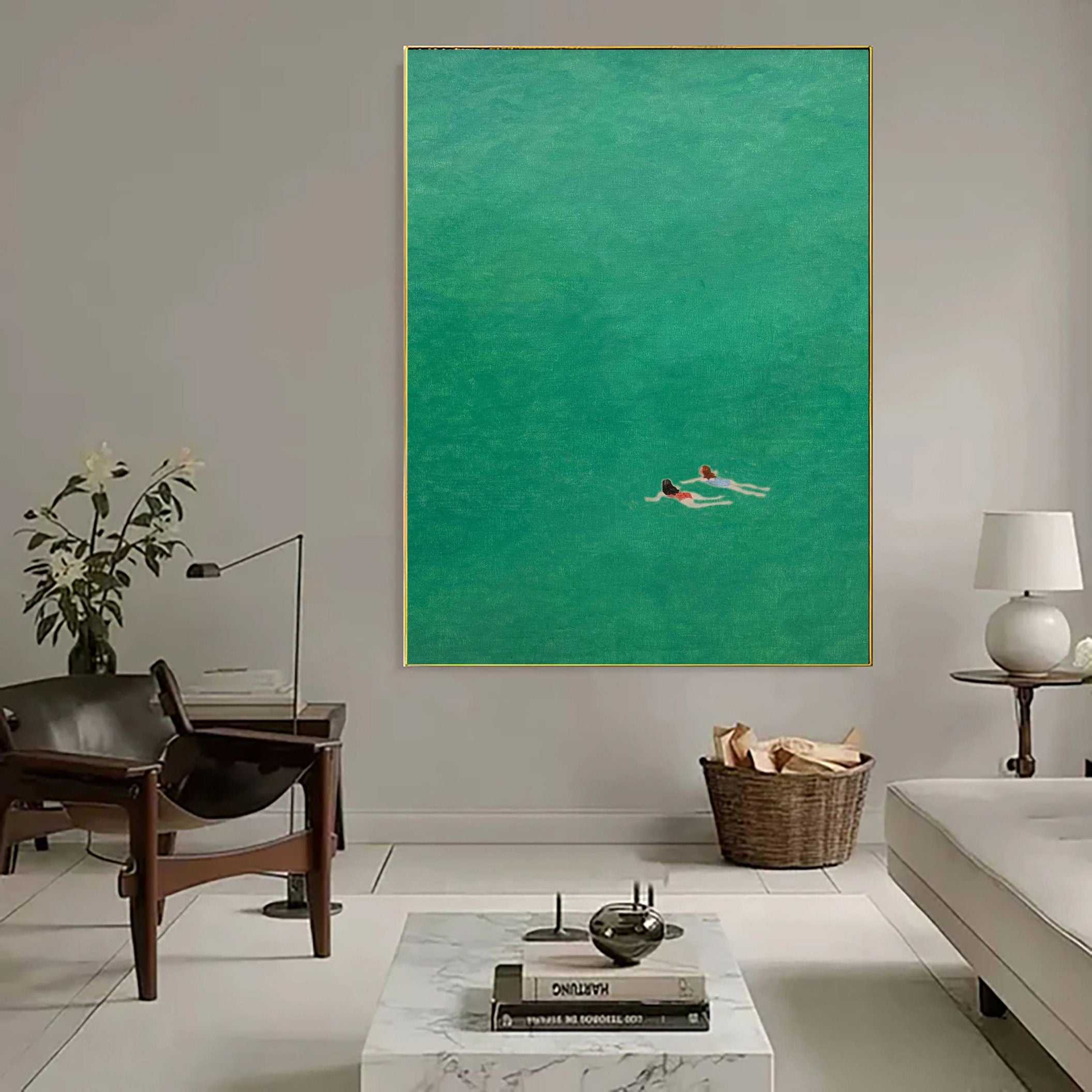 Serene Emerald Swim: Overhead View of Swimmers in Green #MM654