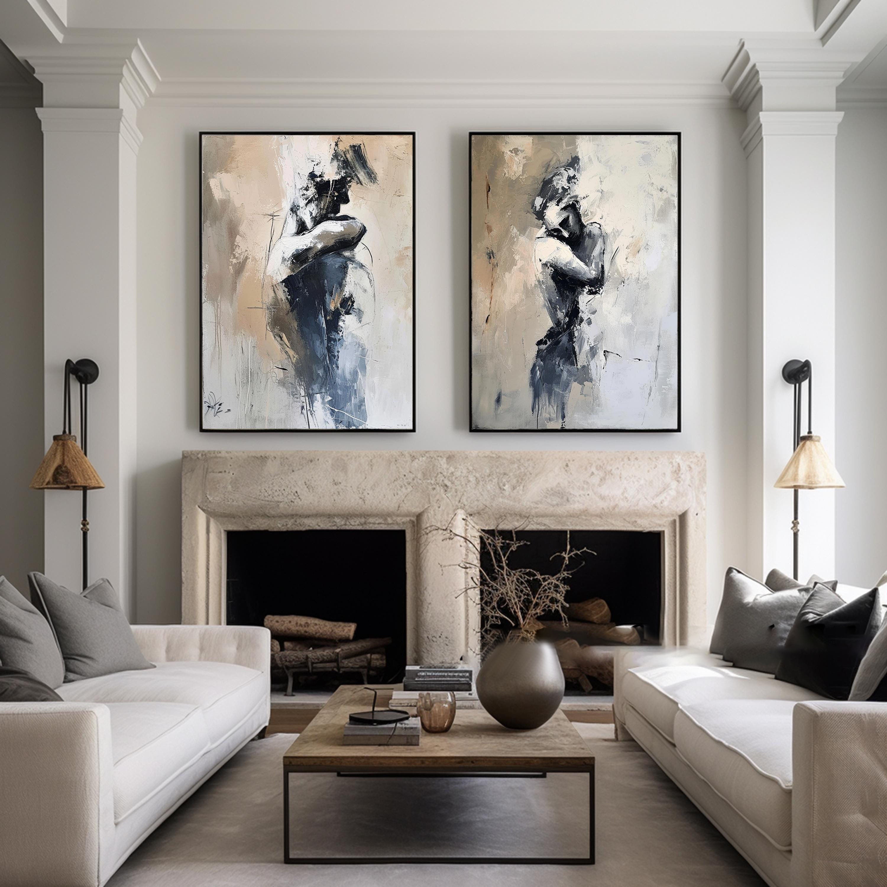 Intimate Lovers Figure Diptych,  Modern Abstract Art #HF020