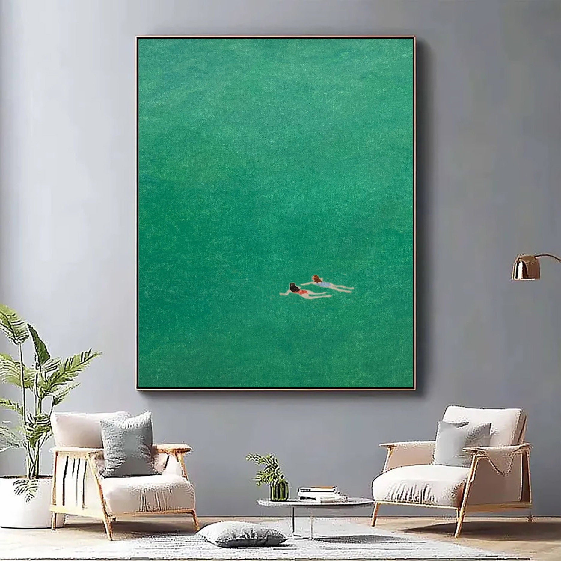 Serene Emerald Swim: Overhead View of Swimmers in Green #MM654