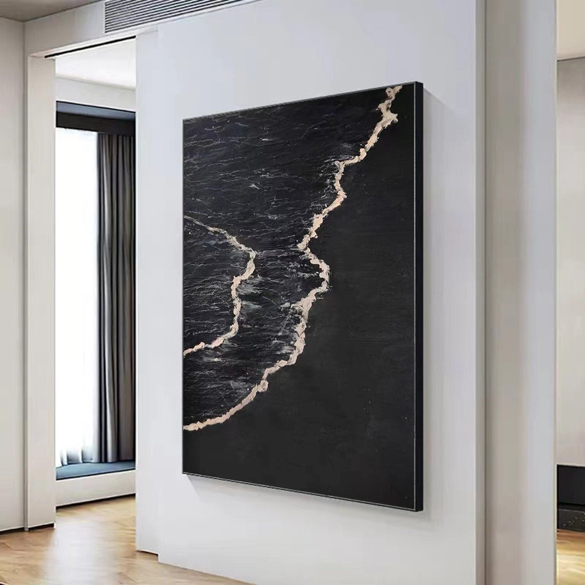 Textured Black and White Flowing Coastal Line Abstract Wall Art #OP072