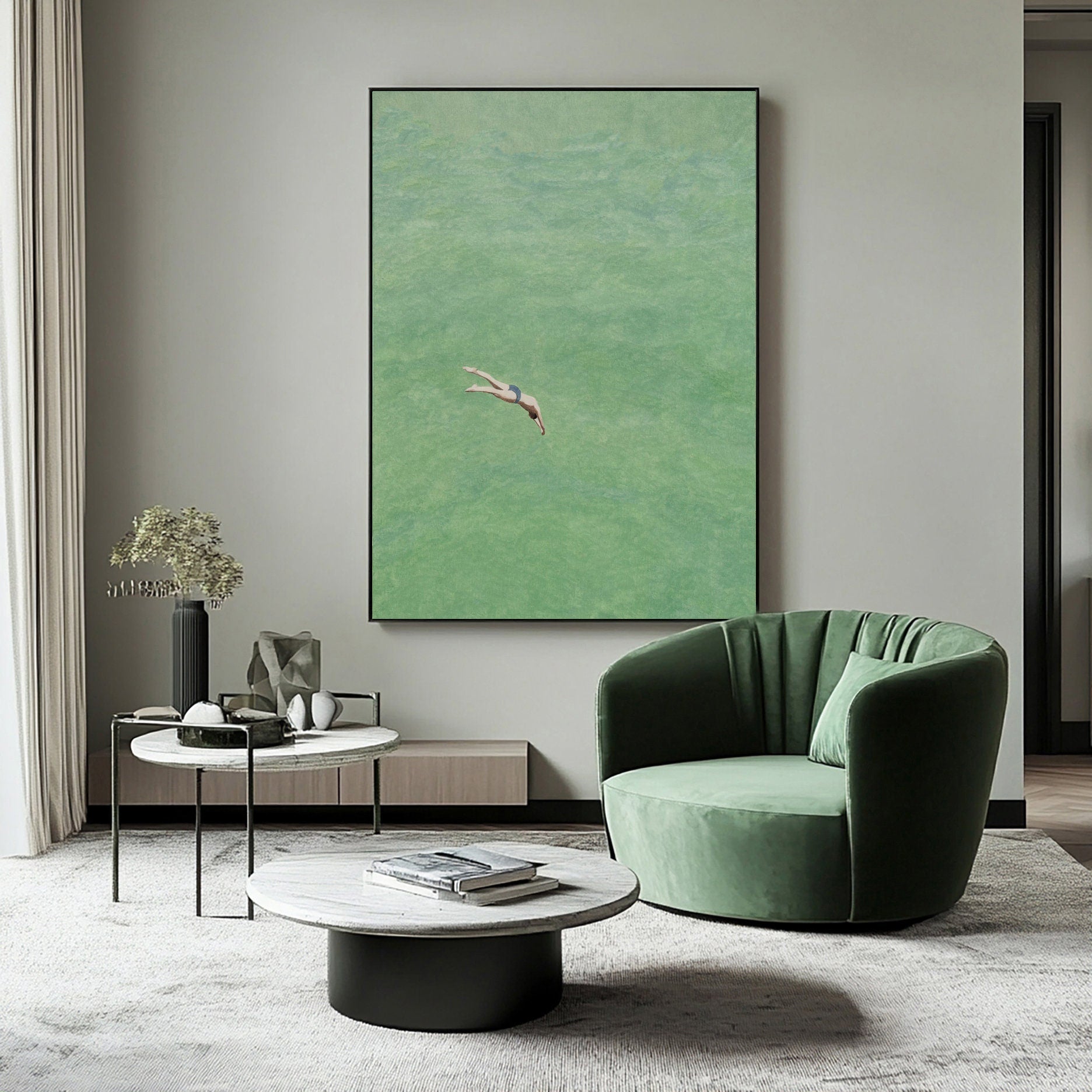 Green Water Plunge: Minimalist Painting of a Diver Entering Still #MM649
