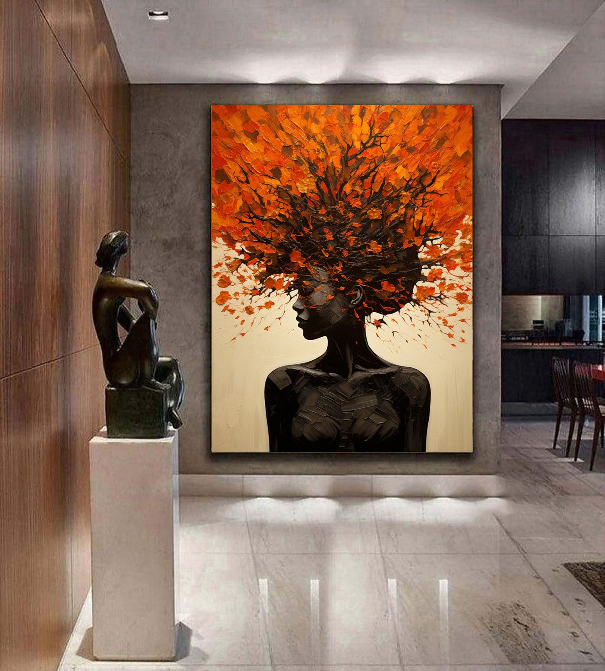 Large Textured Portrait in Black and Orange, Figurative Art #HF021