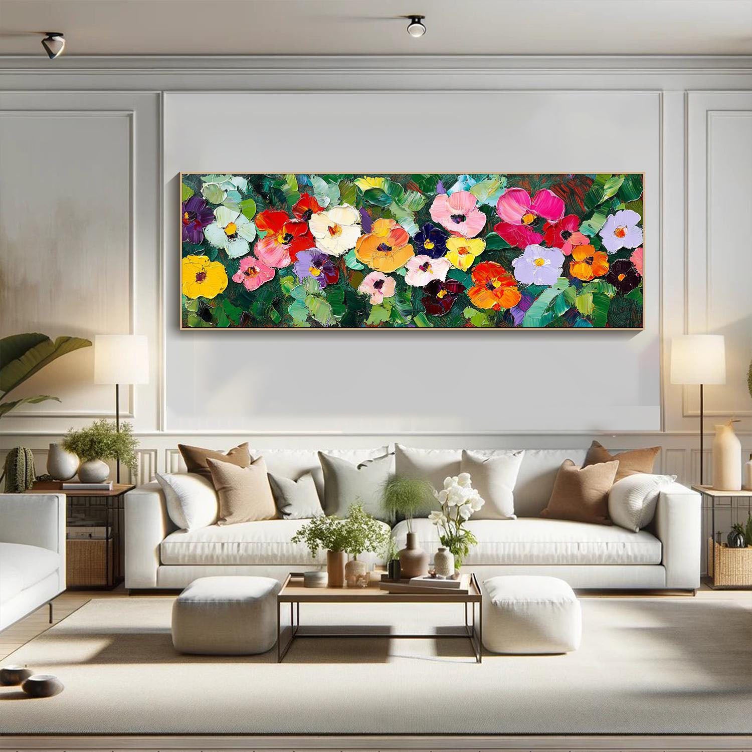 Large Textured Colorful Floral Panorama Modern Canvas Art #FB037