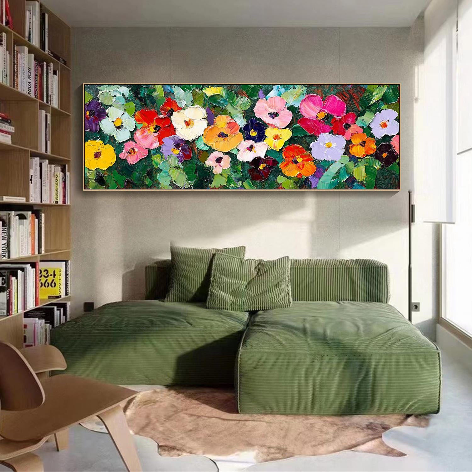 Large Textured Colorful Floral Panorama Modern Canvas Art #FB037