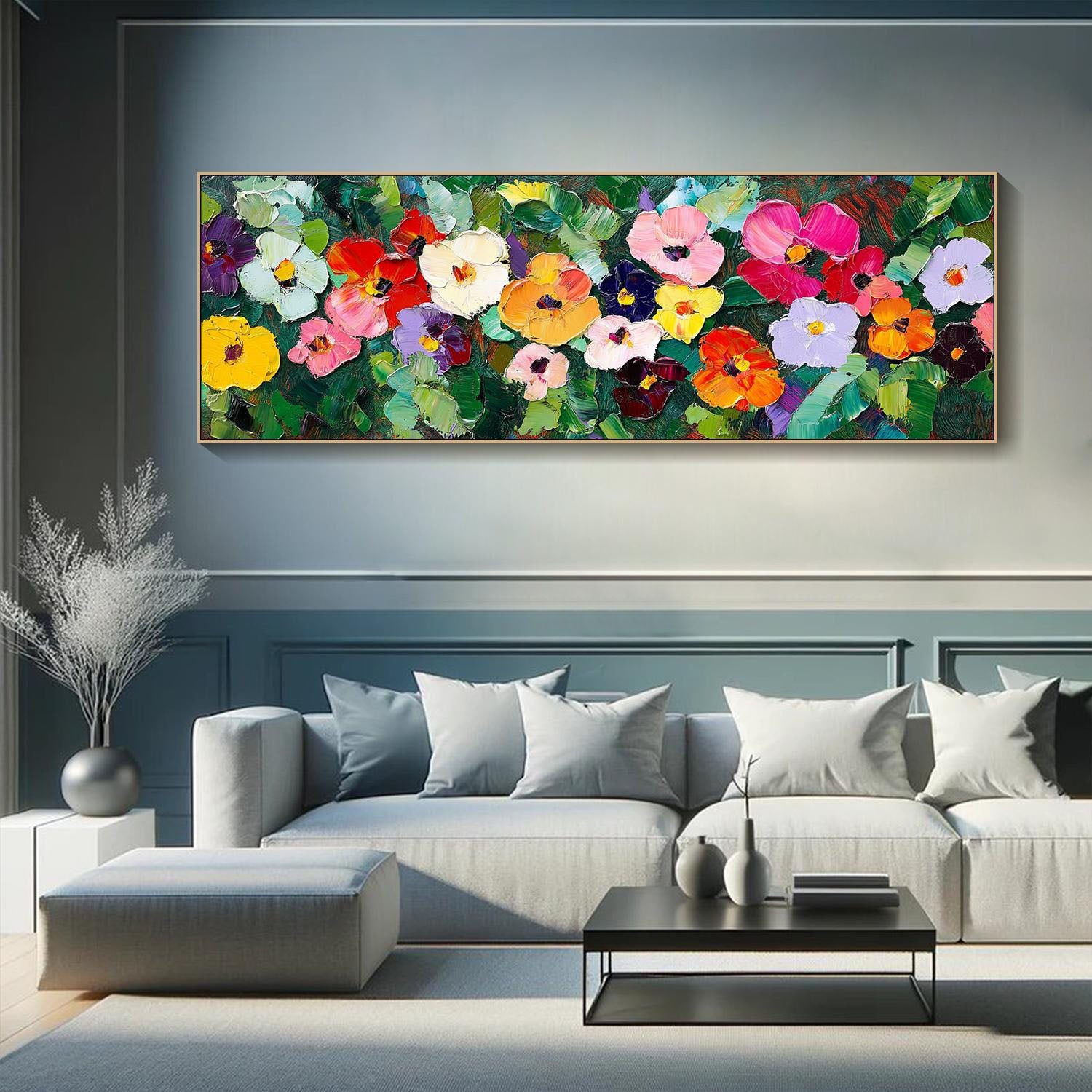 Large Textured Colorful Floral Panorama Modern Canvas Art #FB037