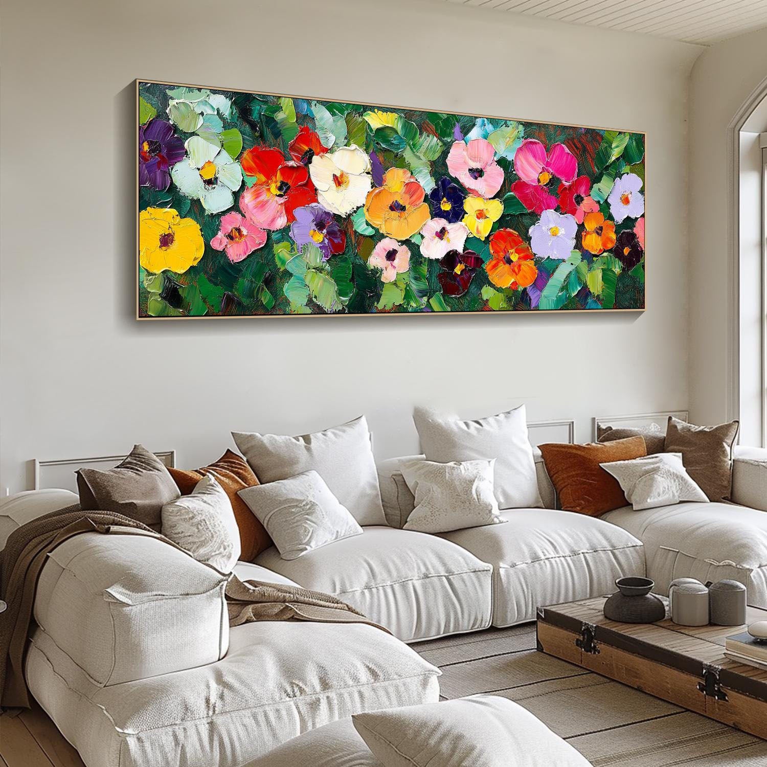 Large Textured Colorful Floral Panorama Modern Canvas Art #FB037