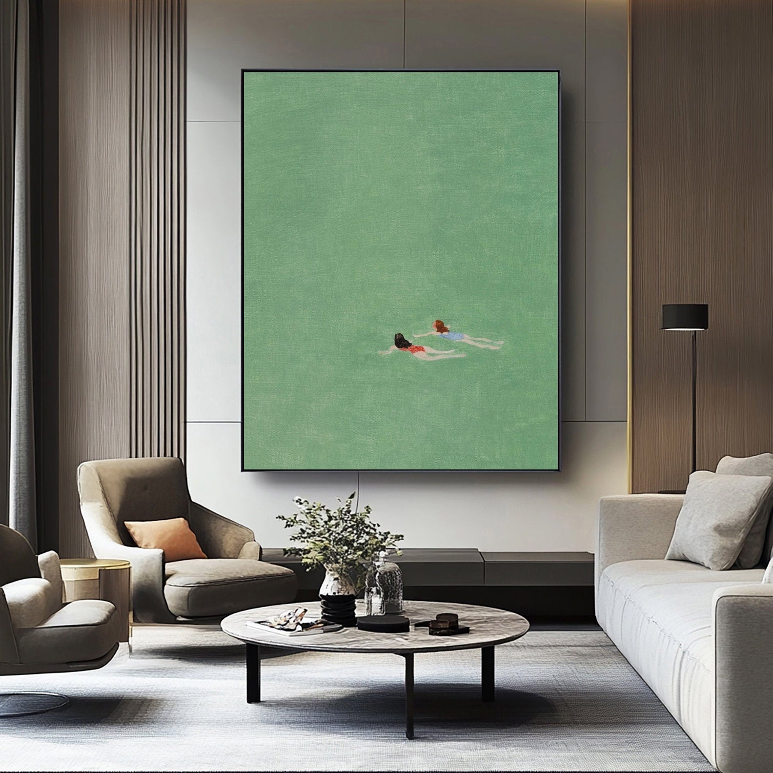 Emerald Depths: Overhead View of Swimmers in Tranquil Green Water #MM655