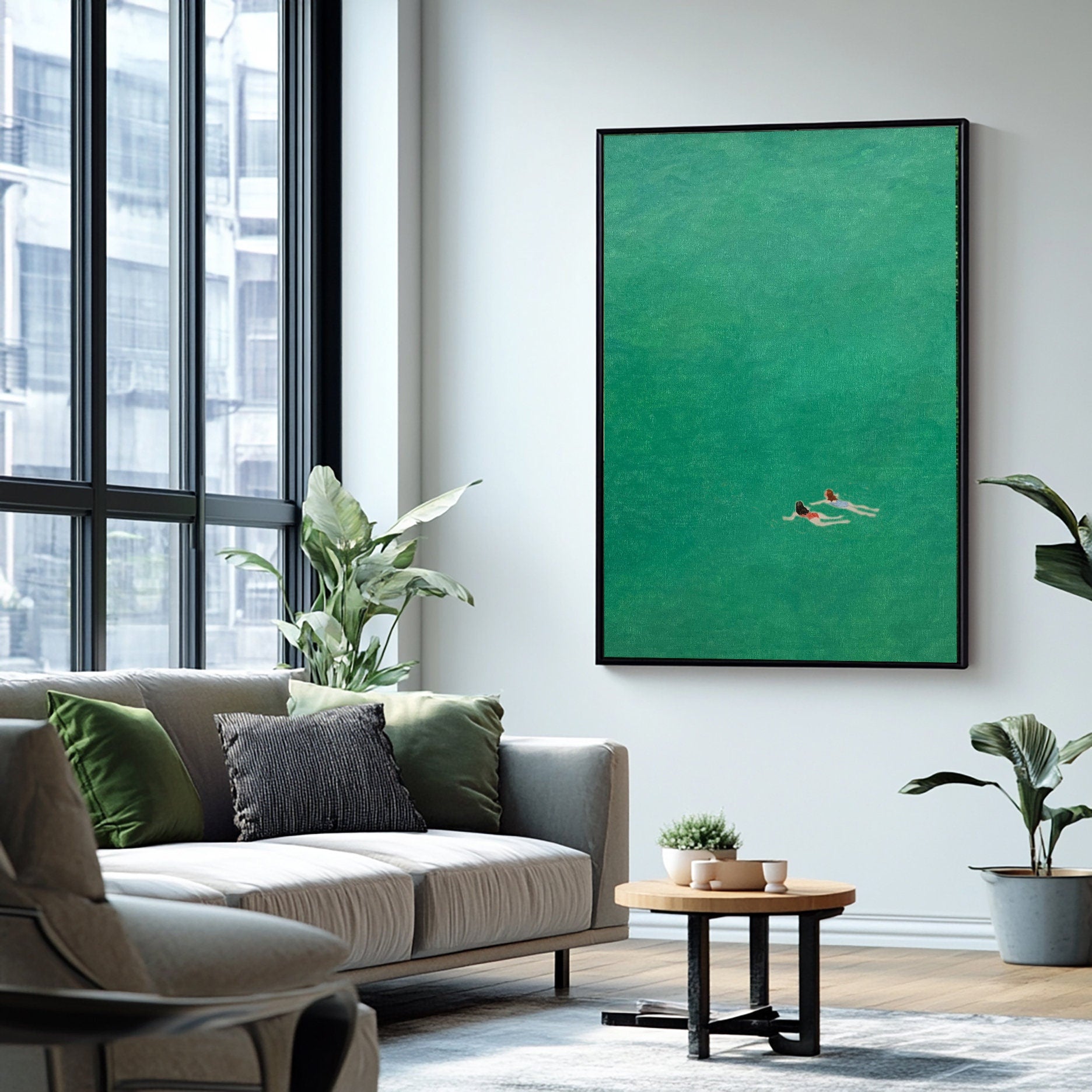 Serene Emerald Swim: Overhead View of Swimmers in Green #MM654
