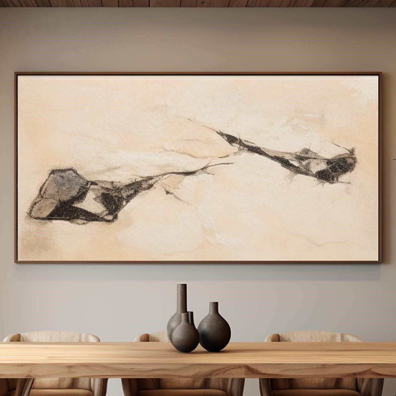 Large Beige Flowing Line Abstract Boho Wall Art #MM295