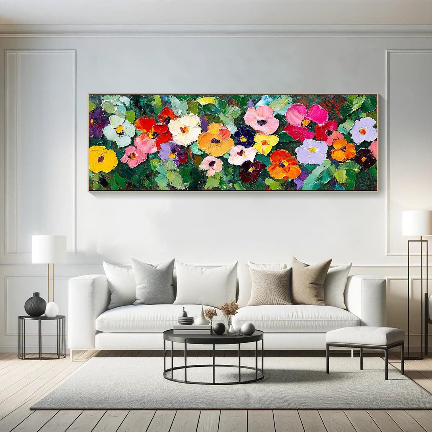 Large Textured Colorful Floral Panorama Modern Canvas Art #FB037