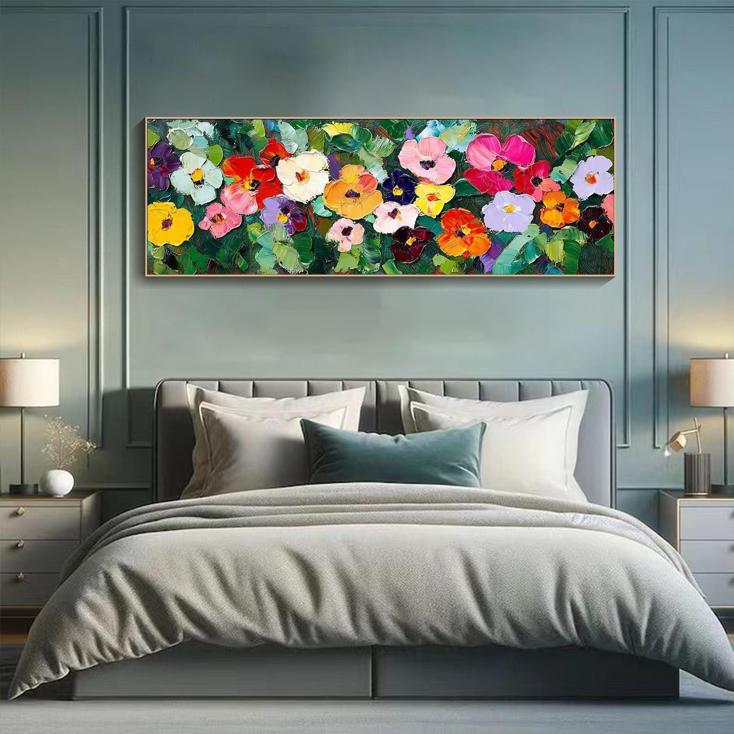 Large Textured Colorful Floral Panorama Modern Canvas Art #FB037