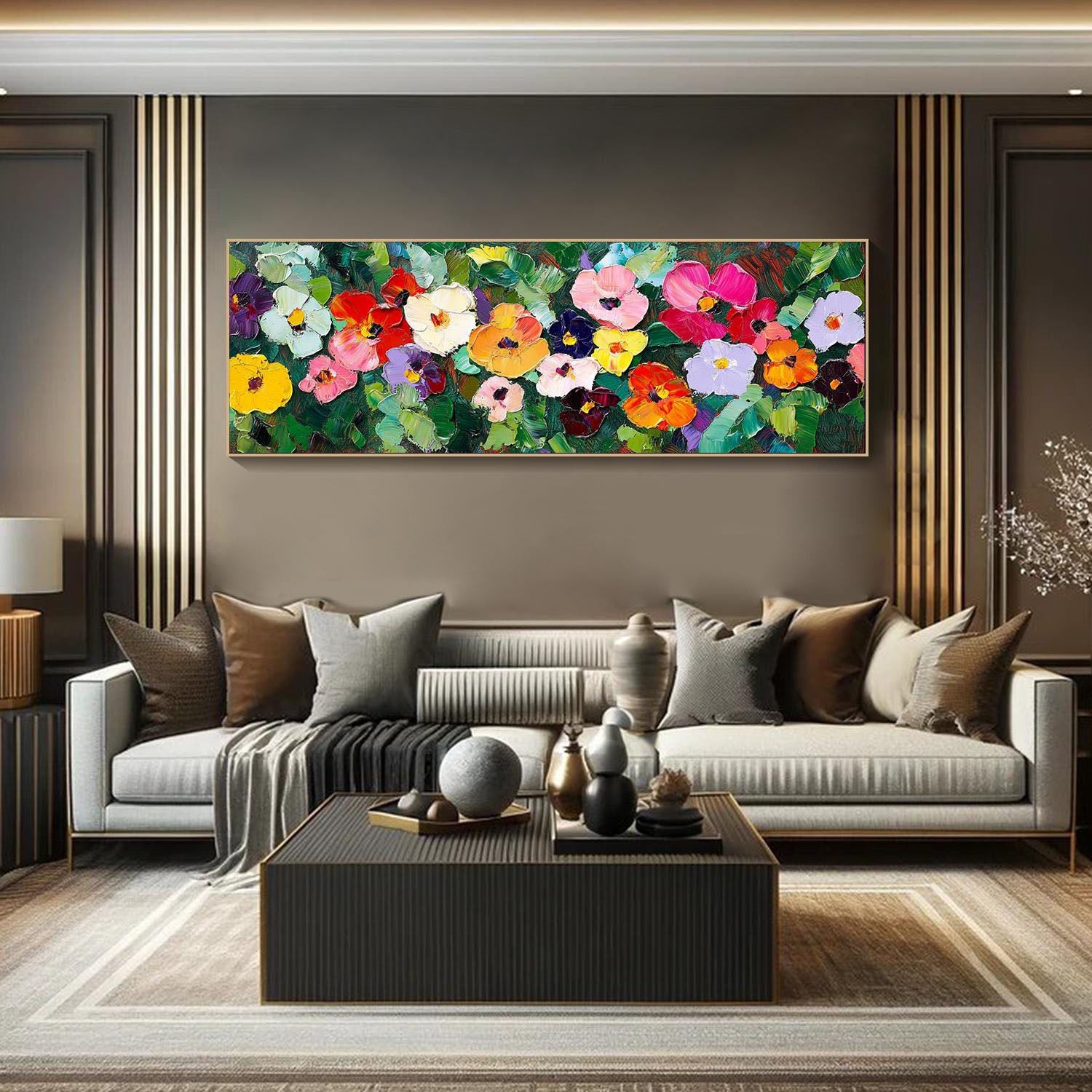 Large Textured Colorful Floral Panorama Modern Canvas Art #FB037