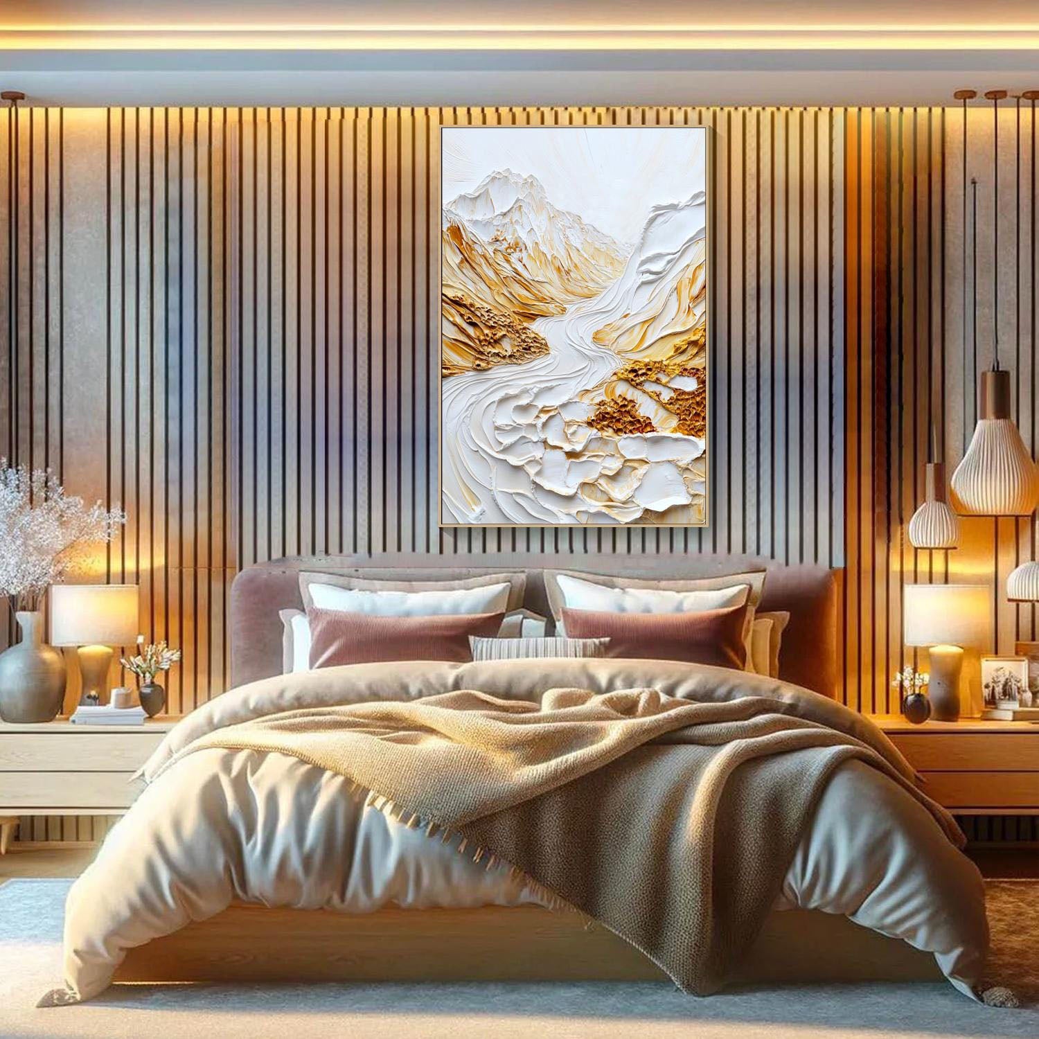 Large 3D Impasto Gold Mountain Landscape Wall Art #MM270