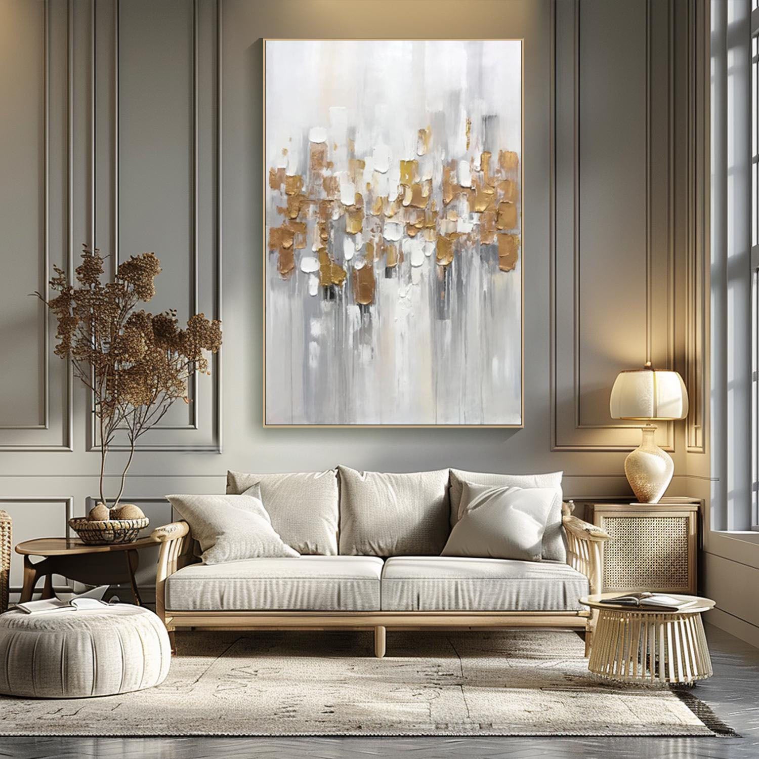 White Textured Abstract with Gold Modern Wall Art #MM294