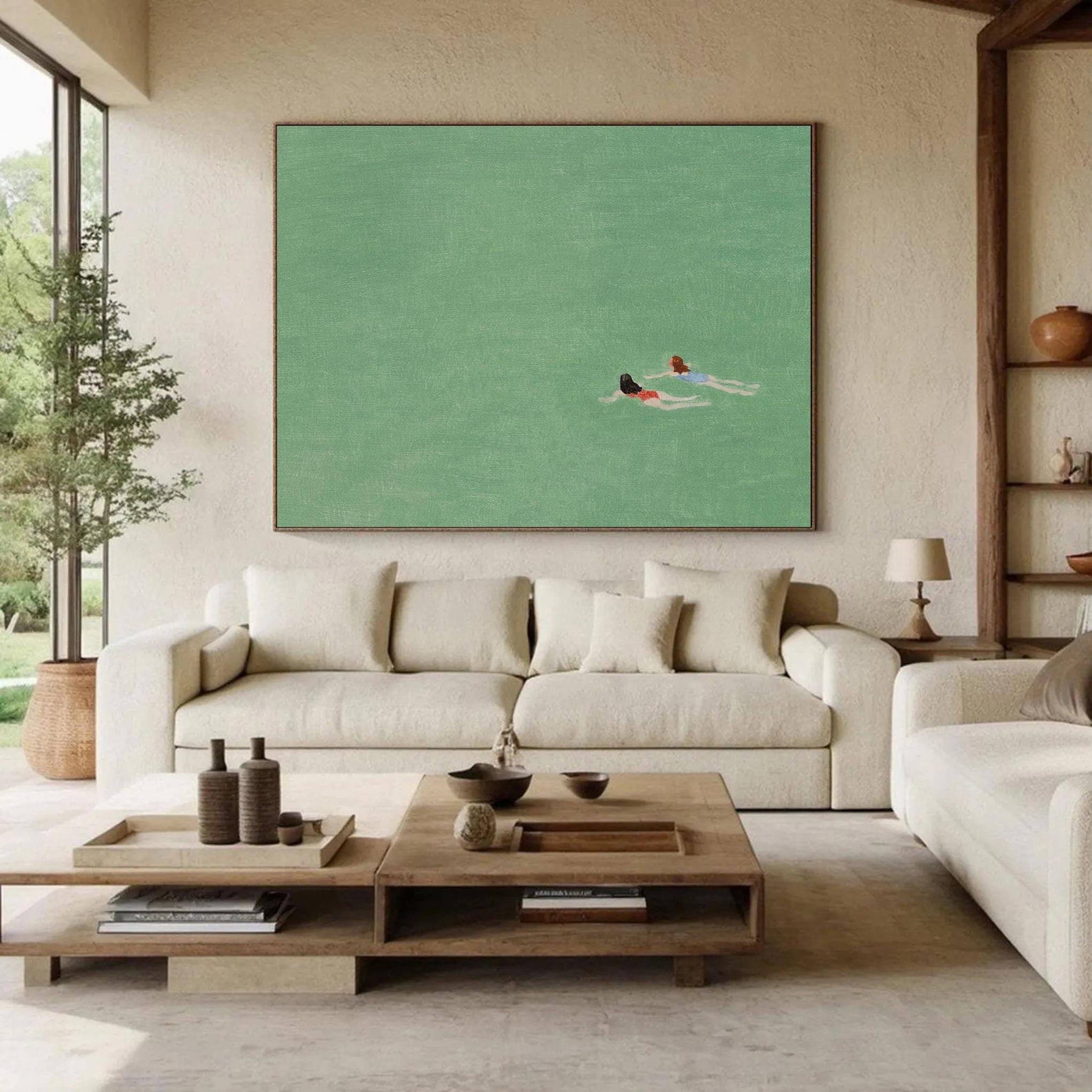Emerald Depths: Overhead View of Swimmers in Tranquil Green Water #MM655
