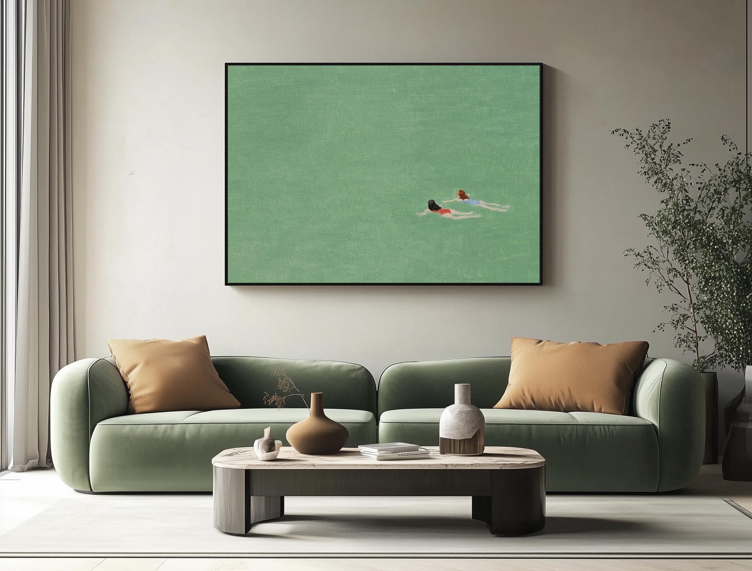 Emerald Depths: Overhead View of Swimmers in Tranquil Green Water #MM655