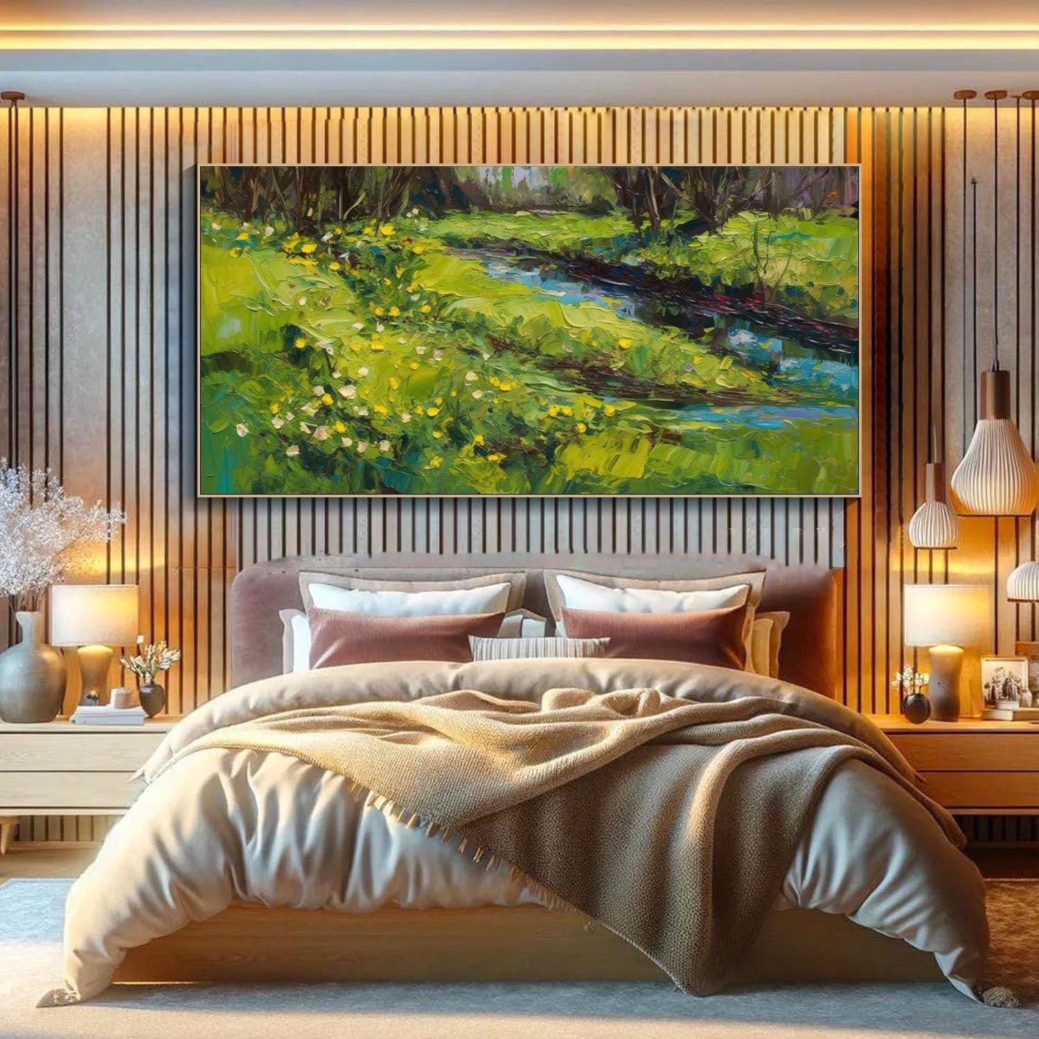 Tranquil Sunlit River Landscape, Large Green Impressionistic Wall Art #MM322