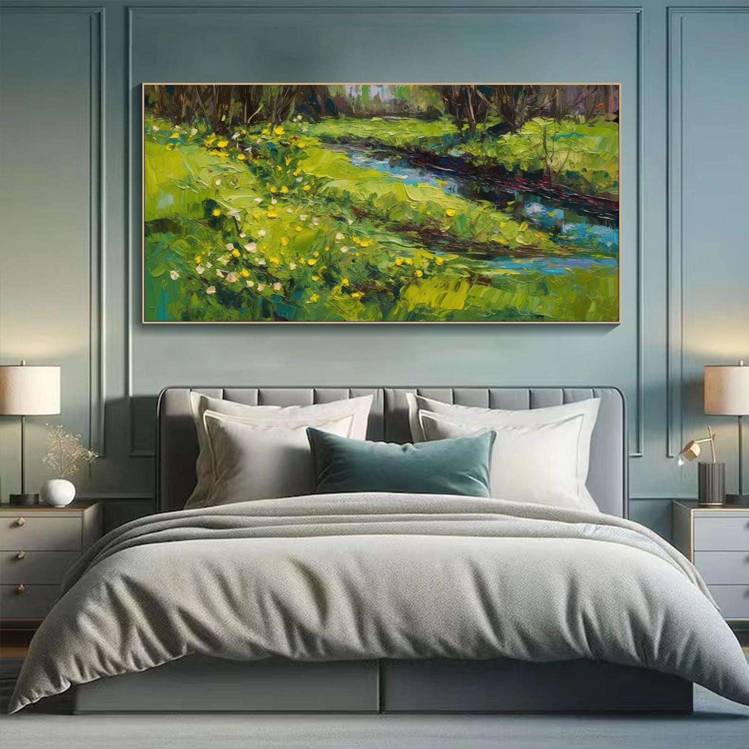 Tranquil Sunlit River Landscape, Large Green Impressionistic Wall Art #MM322