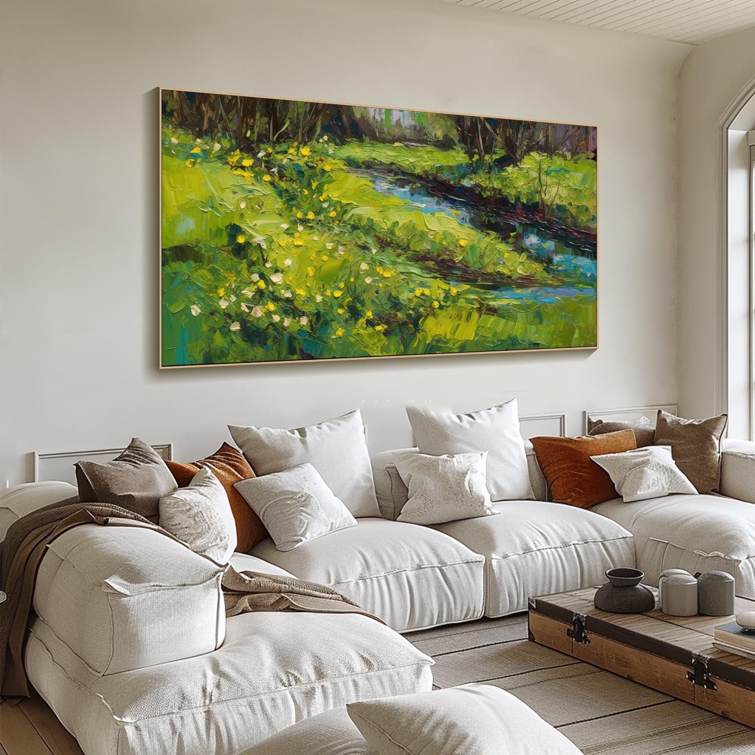 Tranquil Sunlit River Landscape, Large Green Impressionistic Wall Art #MM322