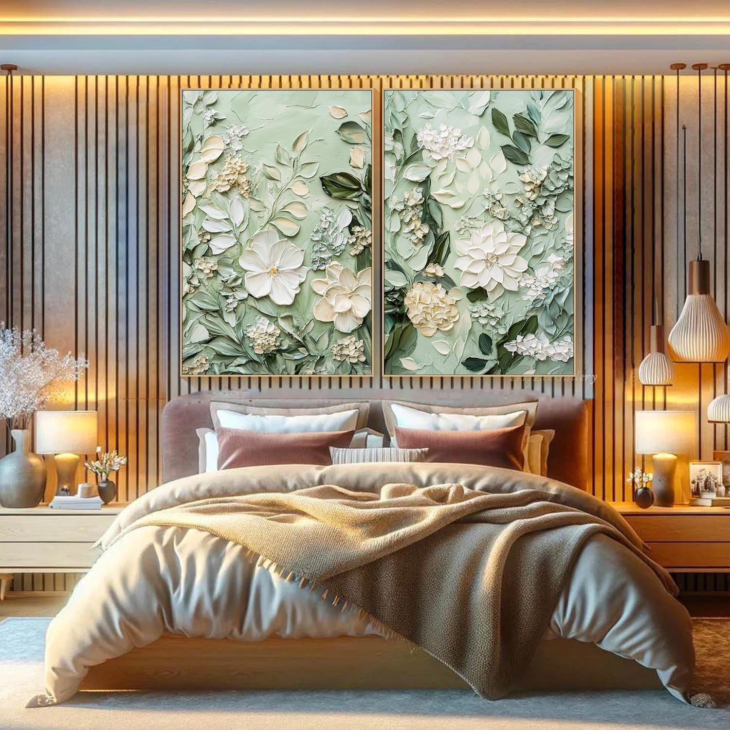 3D Textured Detailed Floral Diptych,Elegant Flower Canvas #FB036