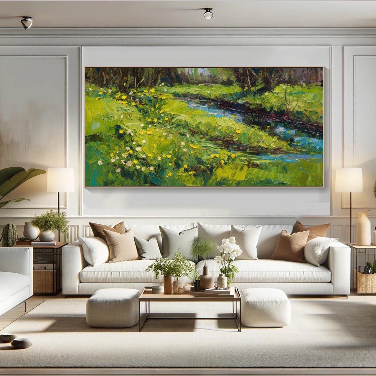 Tranquil Sunlit River Landscape, Large Green Impressionistic Wall Art #MM322