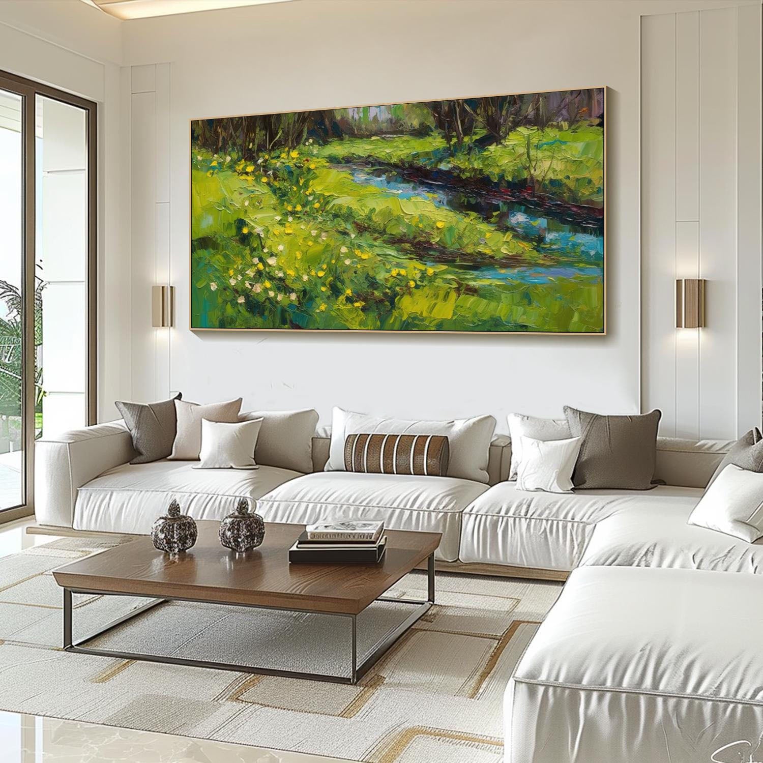 Tranquil Sunlit River Landscape, Large Green Impressionistic Wall Art #MM322