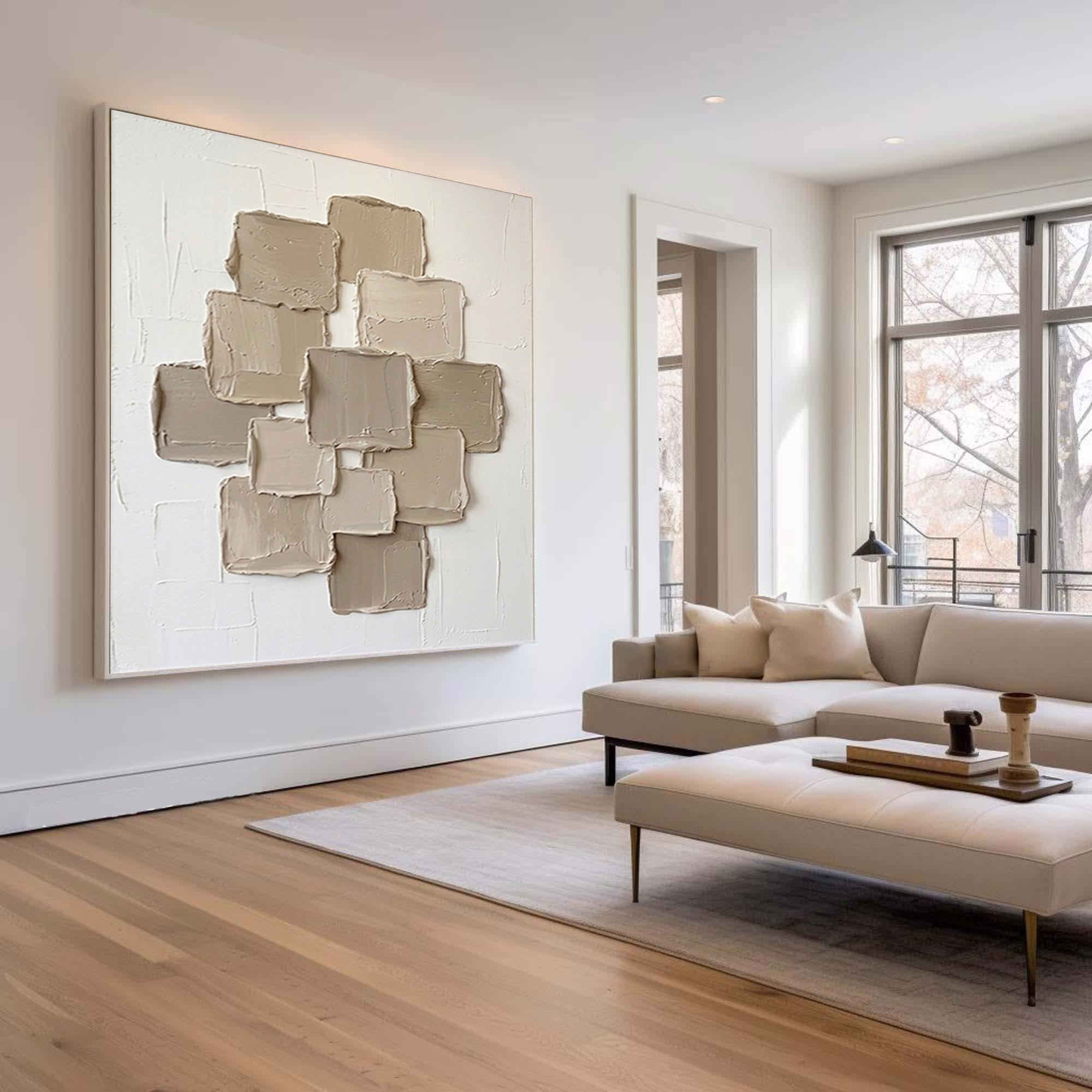 Large Contemporary Textured Wall Art Beige Geometric Canvas