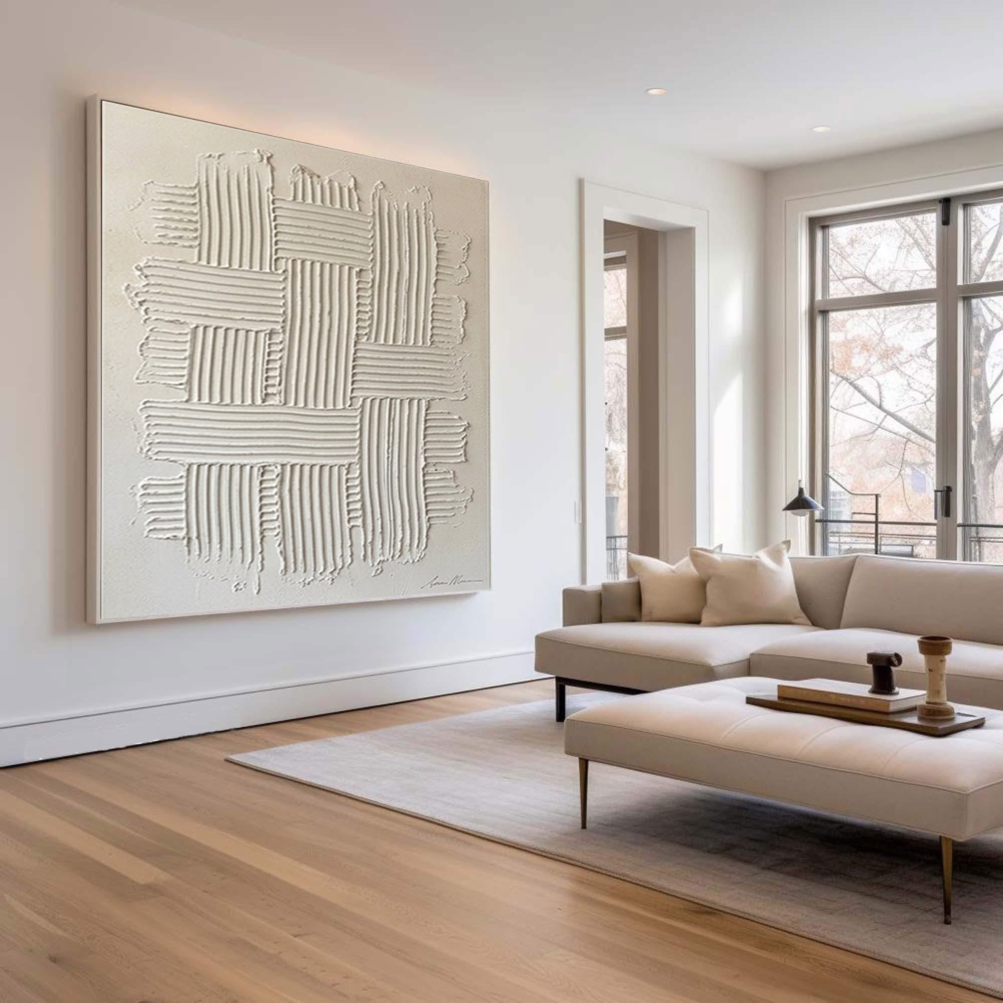 Large Modern Woven Wall Art Hand Painted Textured Neutral Canvas