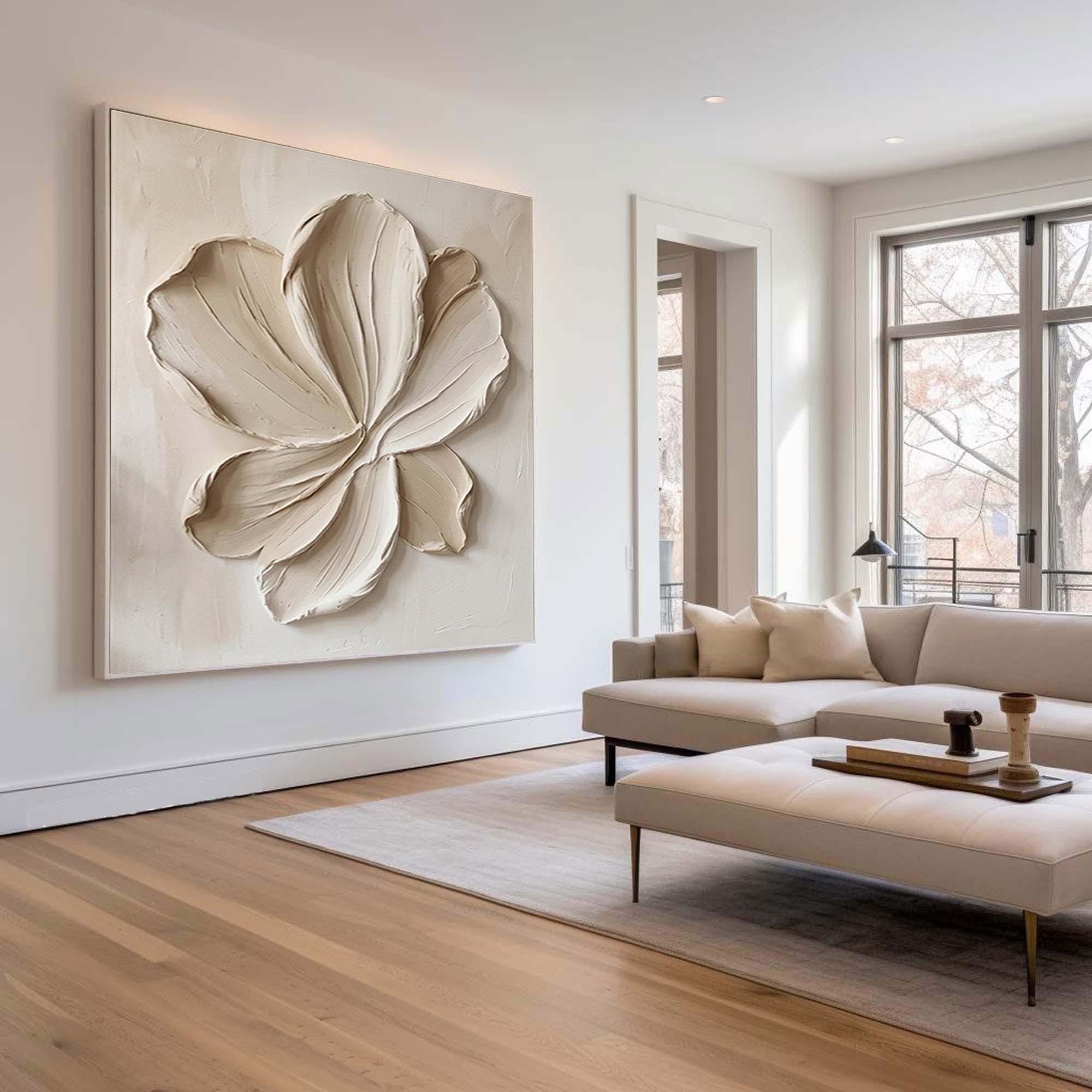 Large Cream Textured Flower Canvas Art Modern Wall Decor