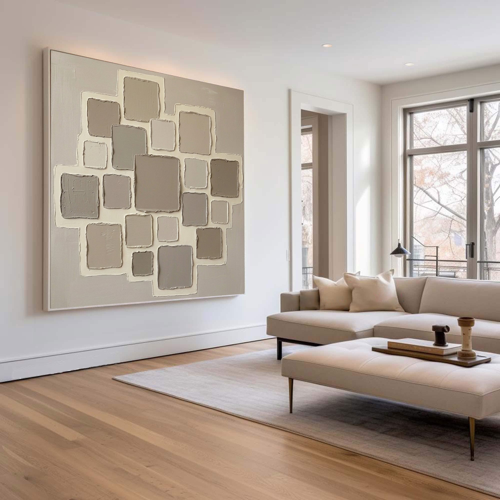 Large Minimalist Beige Oil Painting – Luxury Neutral Texture Canvas Art