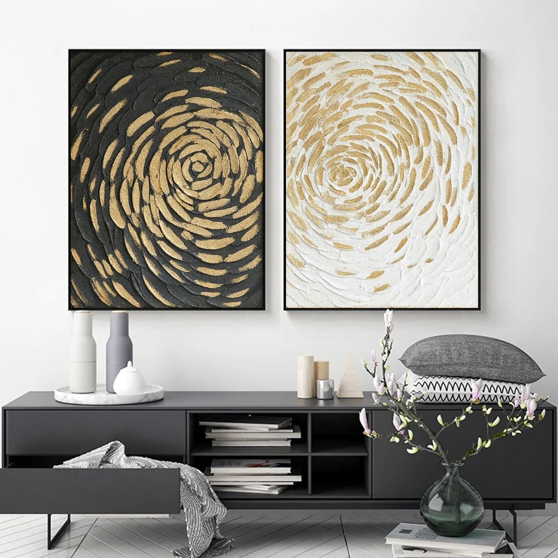 Textured Gold & Black/White Swirl Art Set, Modern Abstract Paintings, Luxury Home Decor,#MM379