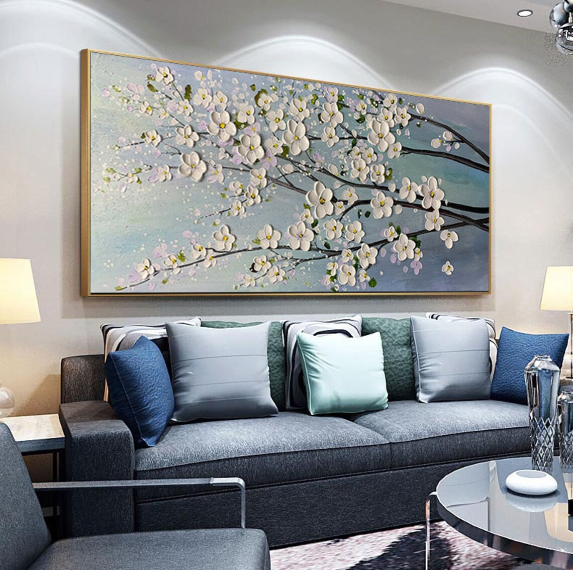 Textured White Blossom Tree Painting, Floral Modern Art, 3D Effect Canvas#MM391