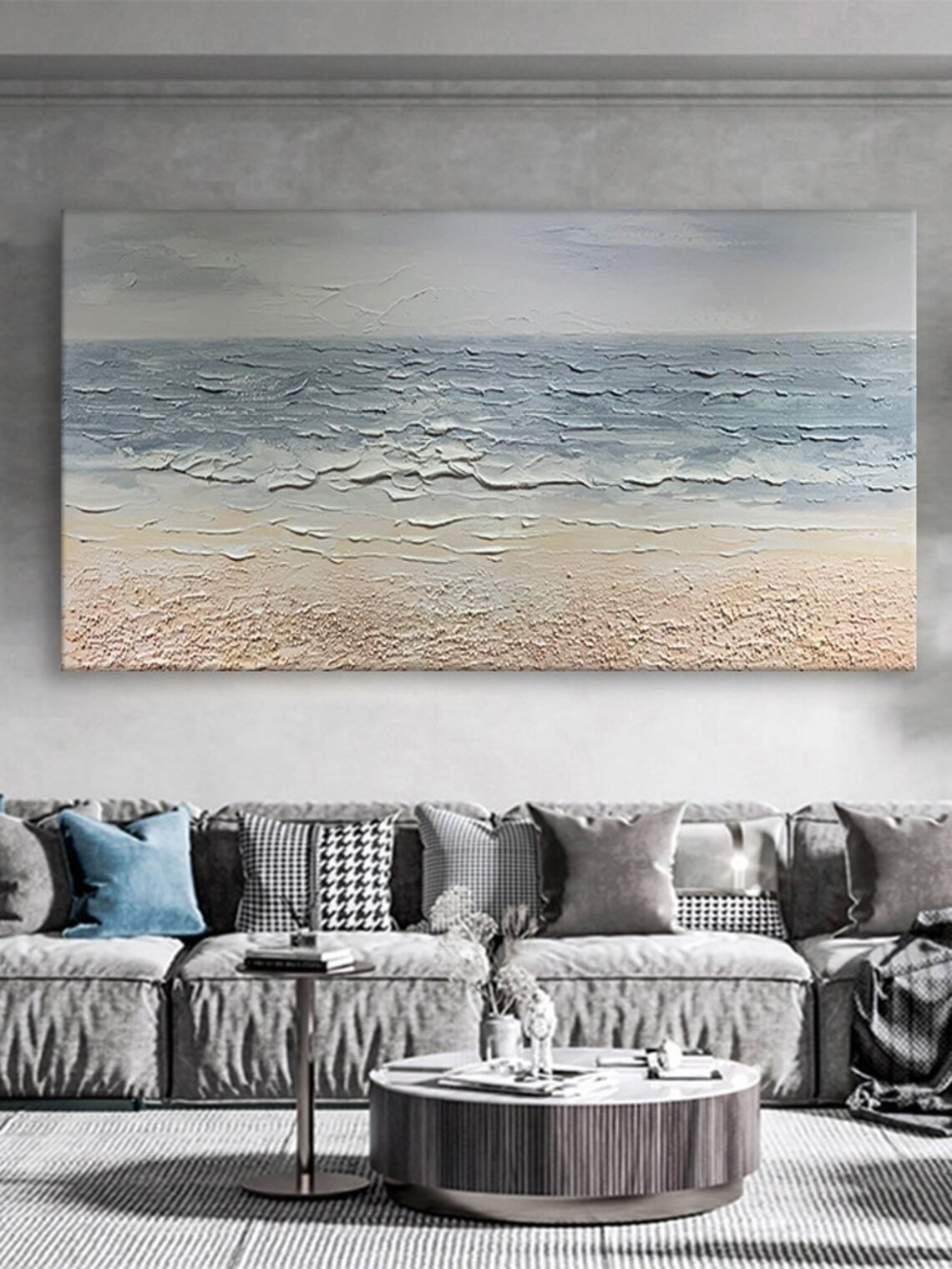 Textured Seascape Oil Painting, Minimalist Beach Art, Neutral Coastal Decor#MM388