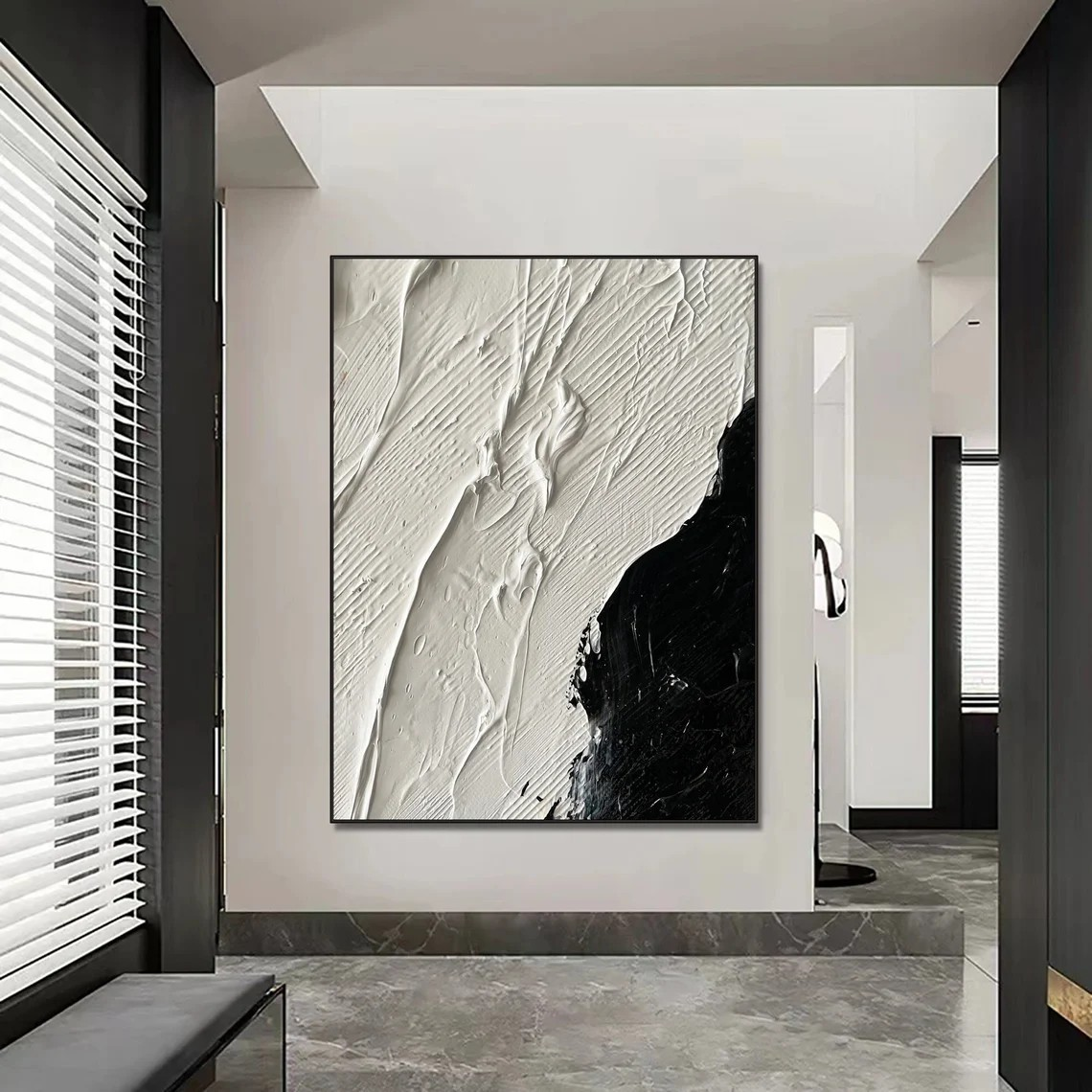 Minimalist Black and White Textured Abstract Oil Painting, Modern Wall Decor #MM378