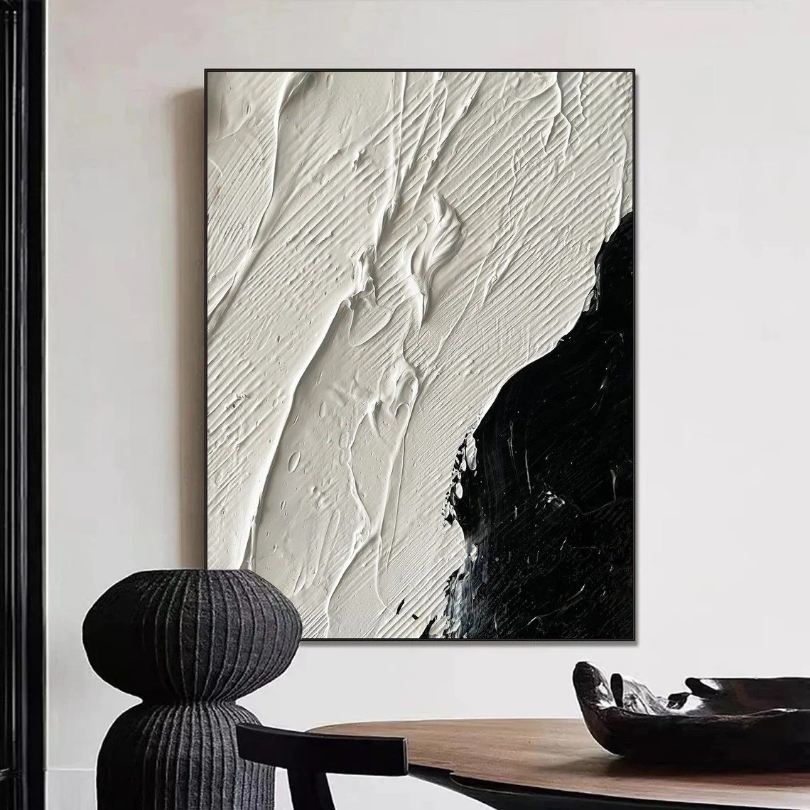 Minimalist Black and White Textured Abstract Oil Painting, Modern Wall Decor #MM378