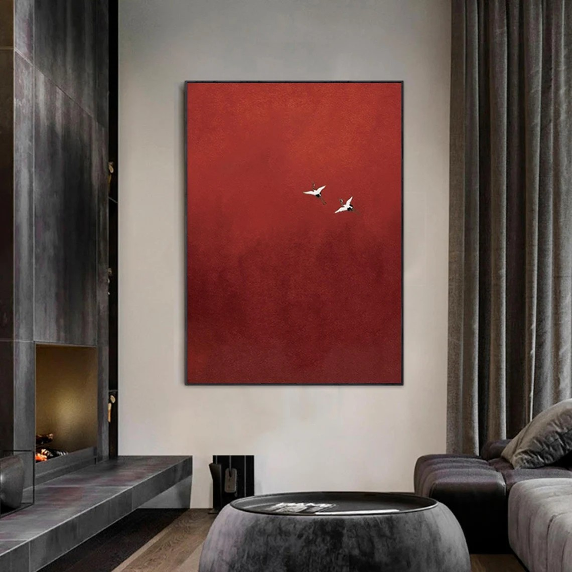 Serene Red Abstract with Birds Symbolic Minimalist Art #MM241