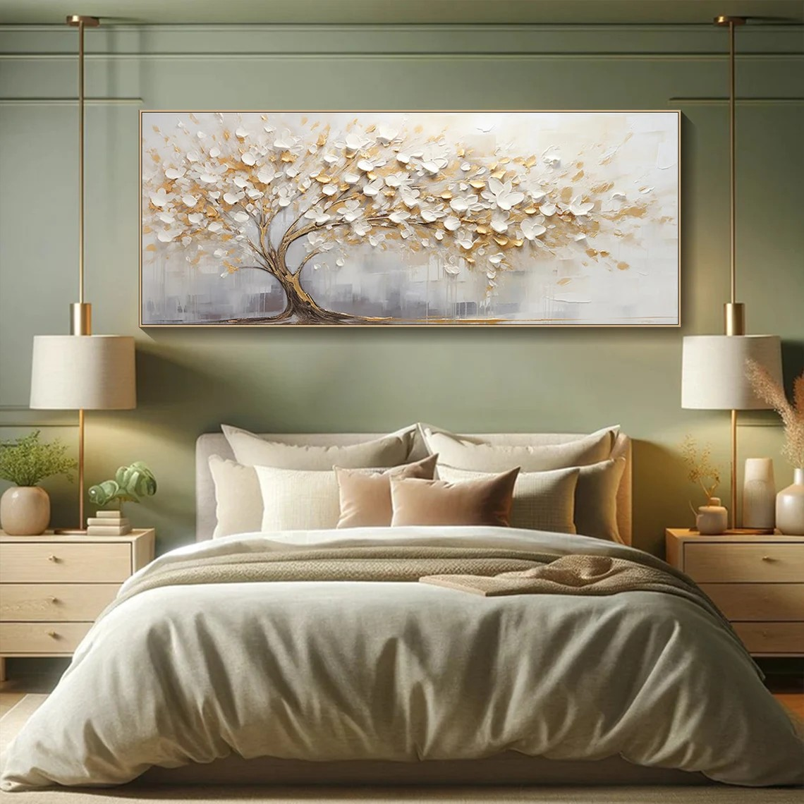 Golden Blossom Tree Oil Painting, Textured Floral Art, Modern Home Decor #MM377